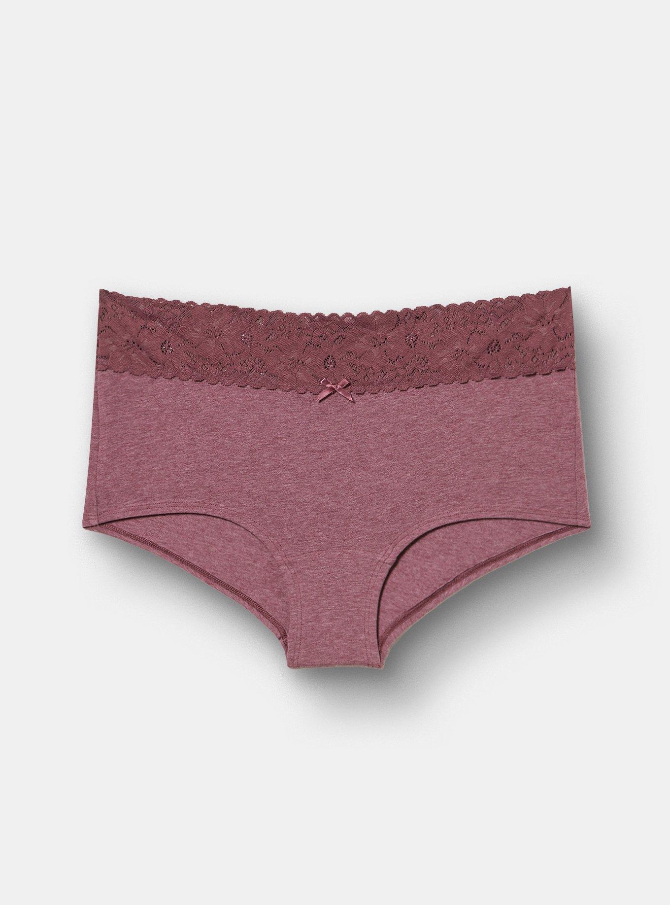 Plus Size Cotton Mid-Rise Lace Trim Boyshort Panty, PLUM WINE HEATHER, hi-res