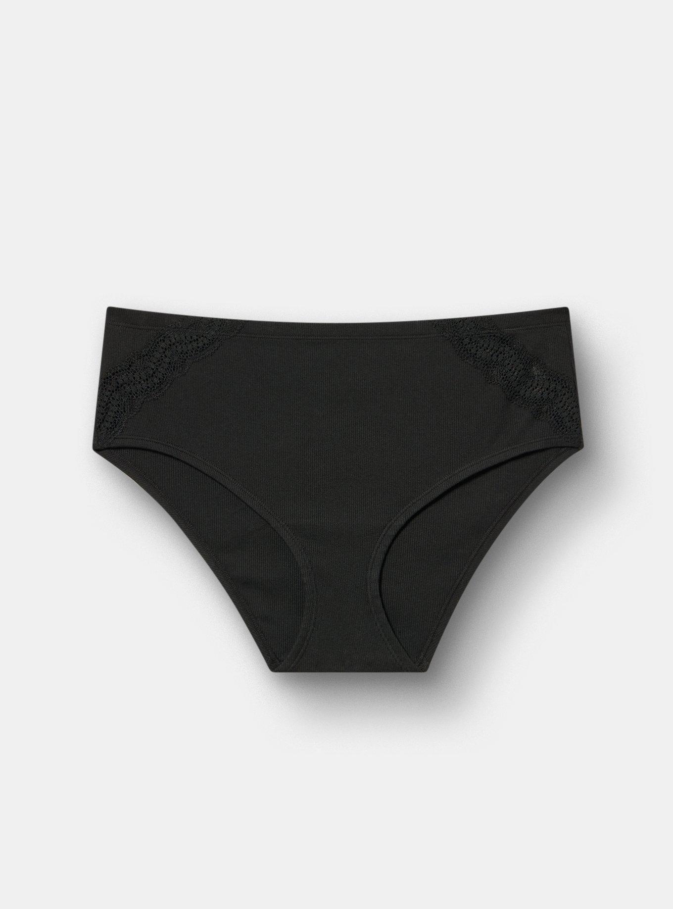Cotton Rib Mid-Rise Lace Trim Hipster Panty, RICH BLACK, flat