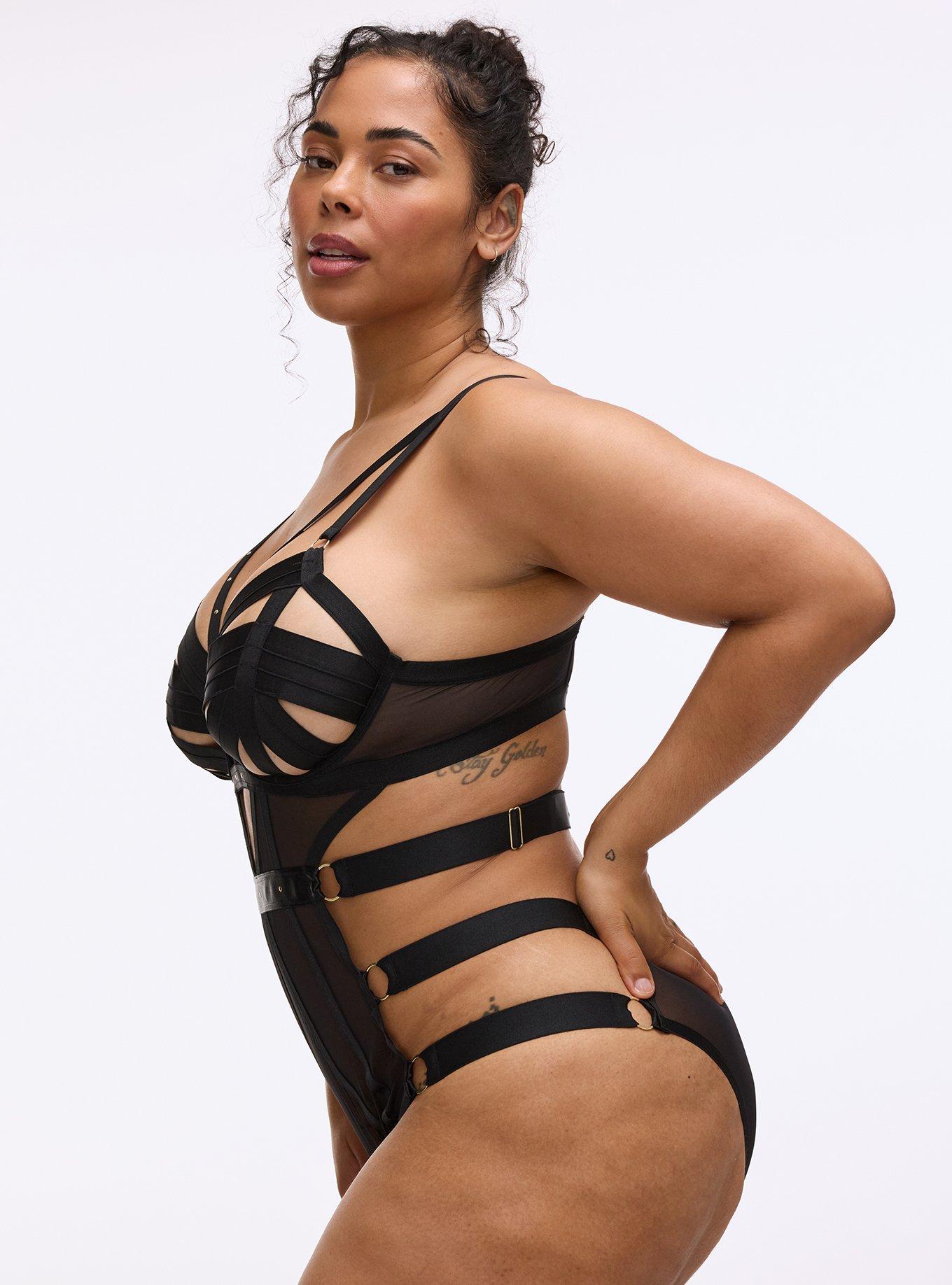 Plus Size Vixen Strappy Mesh Studded Underwire Bodysuit, RICH BLACK, alternate