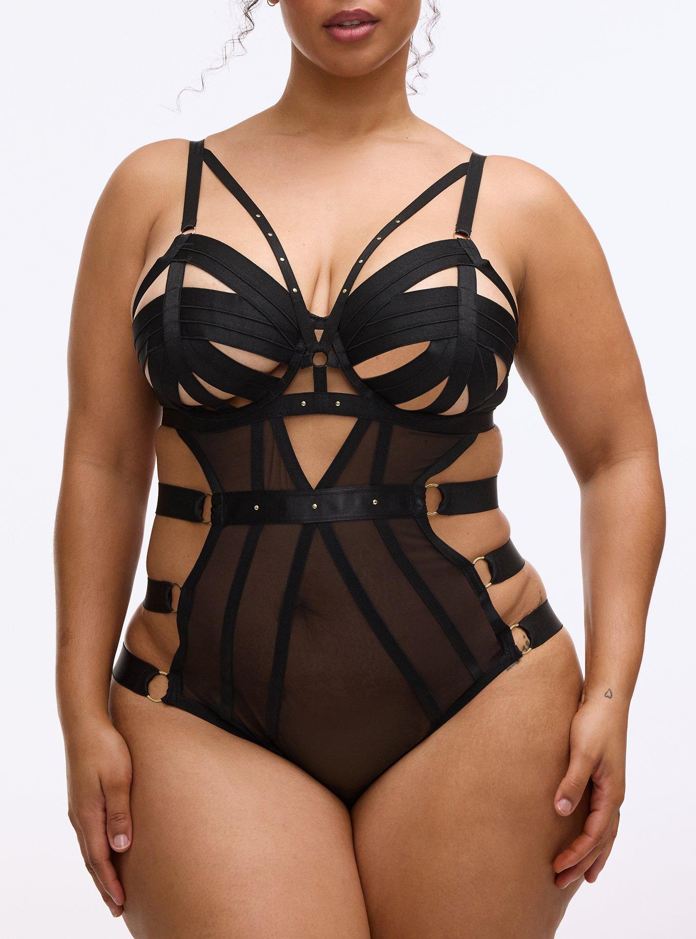 Plus Size Vixen Strappy Mesh Studded Underwire Bodysuit, RICH BLACK, alternate