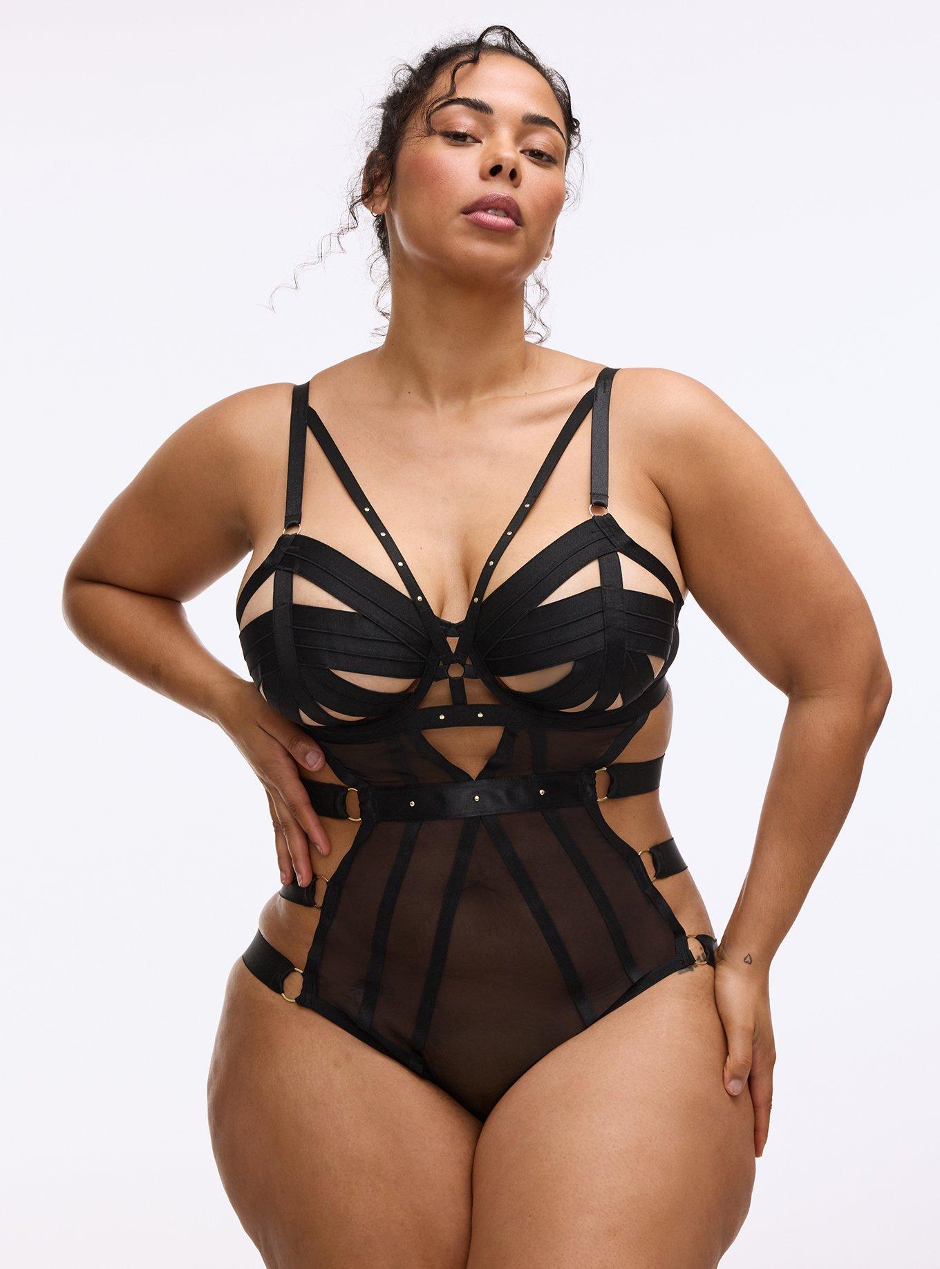 Plus Size Vixen Strappy Mesh Studded Underwire Bodysuit, RICH BLACK, hi-res