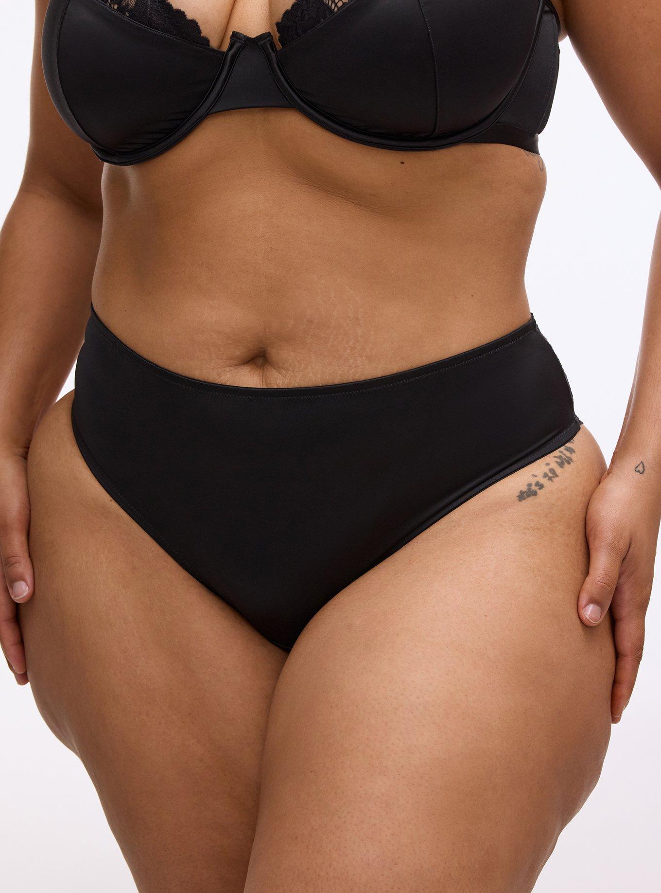 Plus Size Nightfall Shine & Lace Tie-Back Tanga Panty, RICH BLACK, alternate