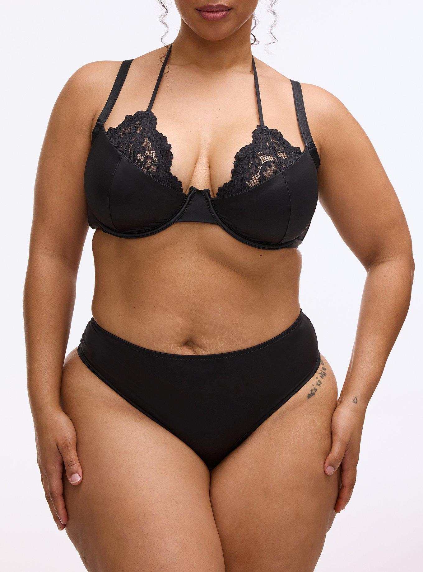 Plus Size Nightfall Shine & Lace Tie-Back Tanga Panty, RICH BLACK, alternate