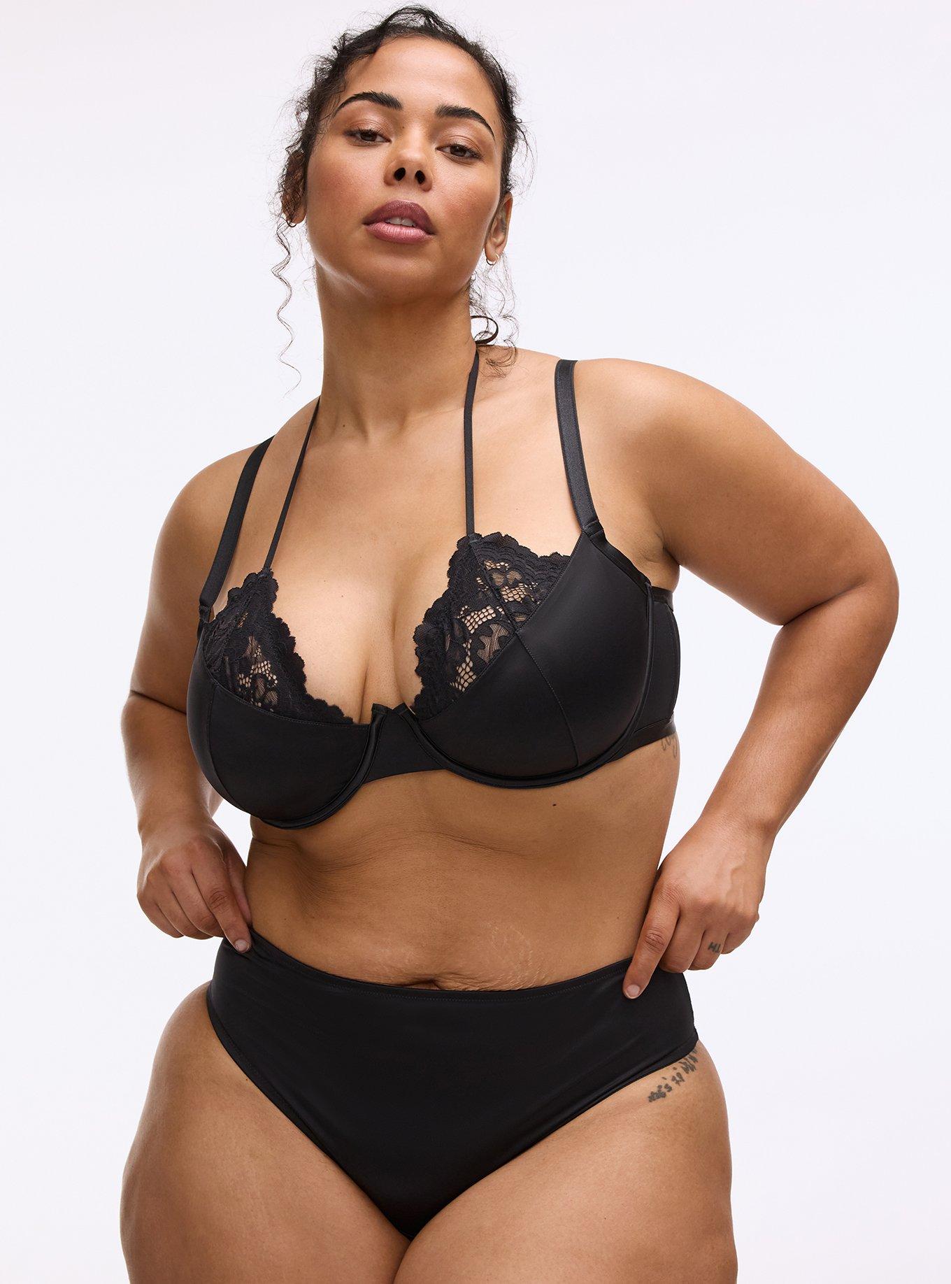 Plus Size Nightfall Shine & Lace Tie-Back Tanga Panty, RICH BLACK, hi-res
