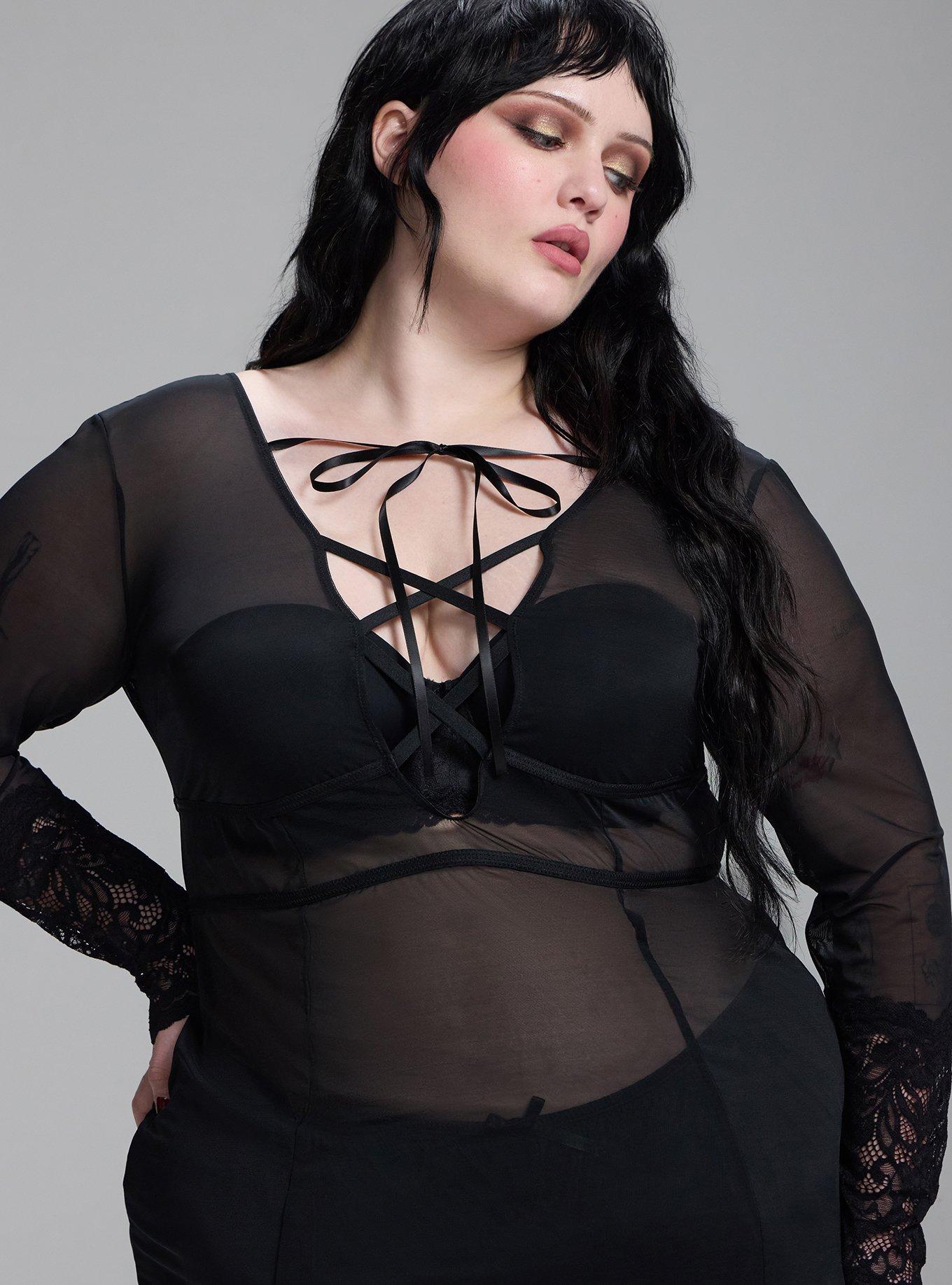 Plus Size Nightfall Lace-Up Lingerie Mini Dress, RICH BLACK, alternate