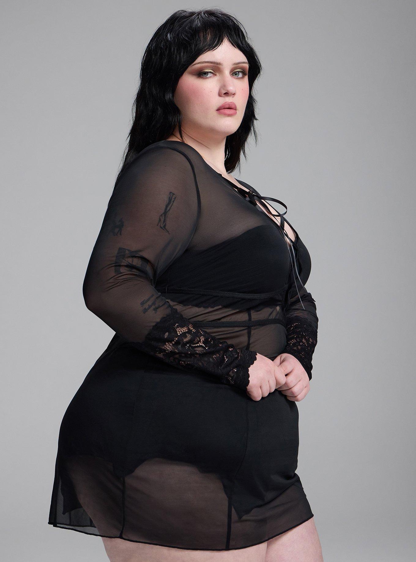 Plus Size Nightfall Lace-Up Lingerie Mini Dress, RICH BLACK, alternate