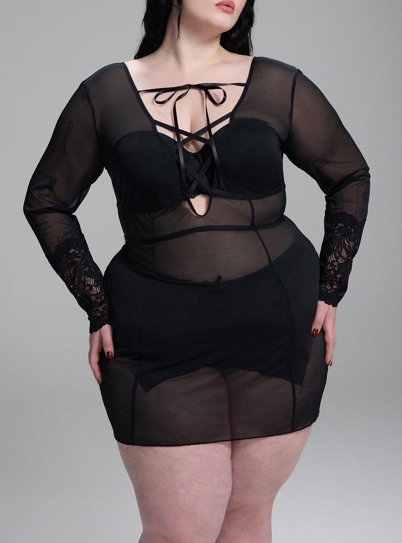 Plus Size Nightfall Lace-Up Lingerie Mini Dress, RICH BLACK, alternate