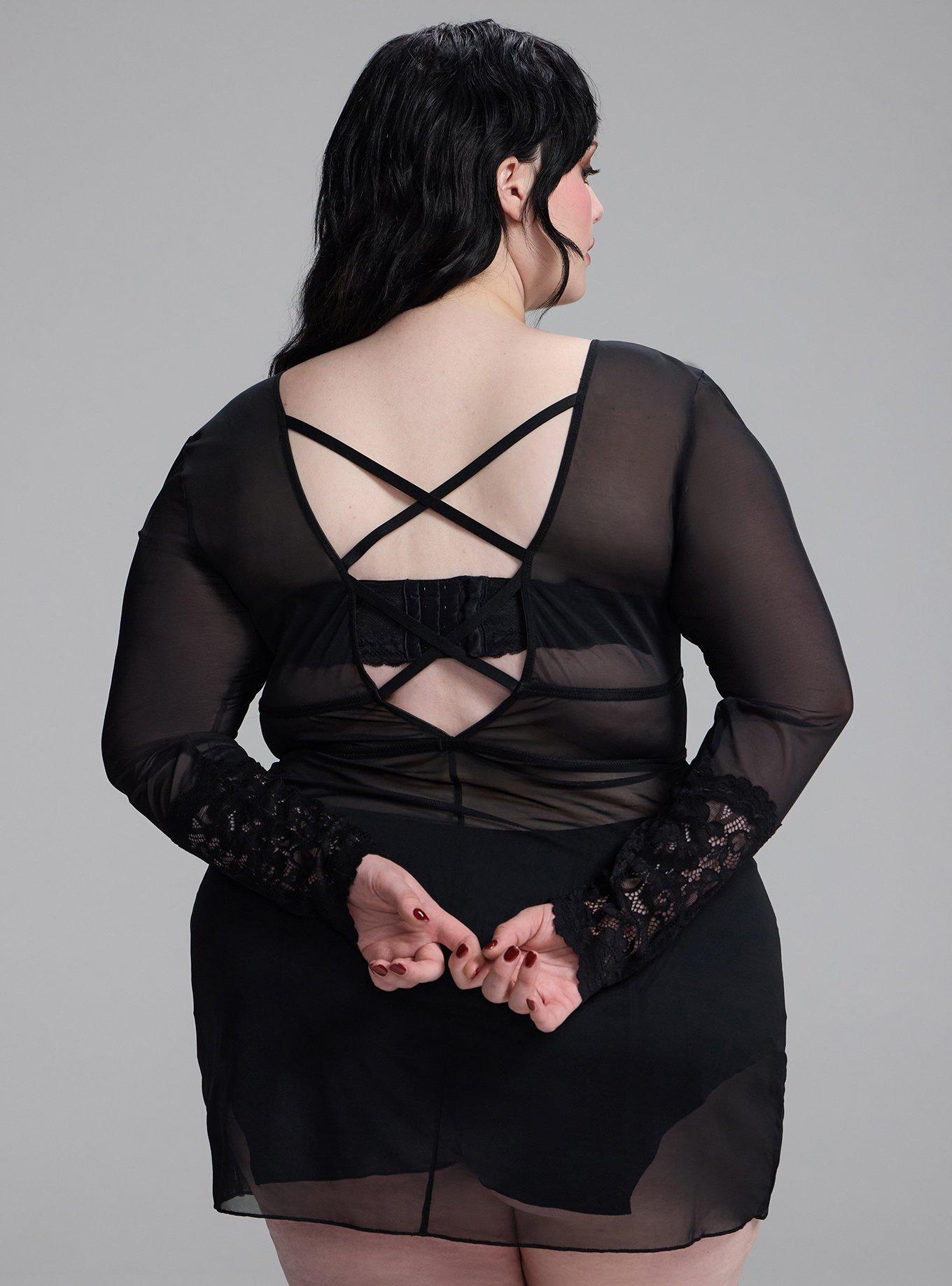 Plus Size Nightfall Lace-Up Lingerie Mini Dress, RICH BLACK, alternate