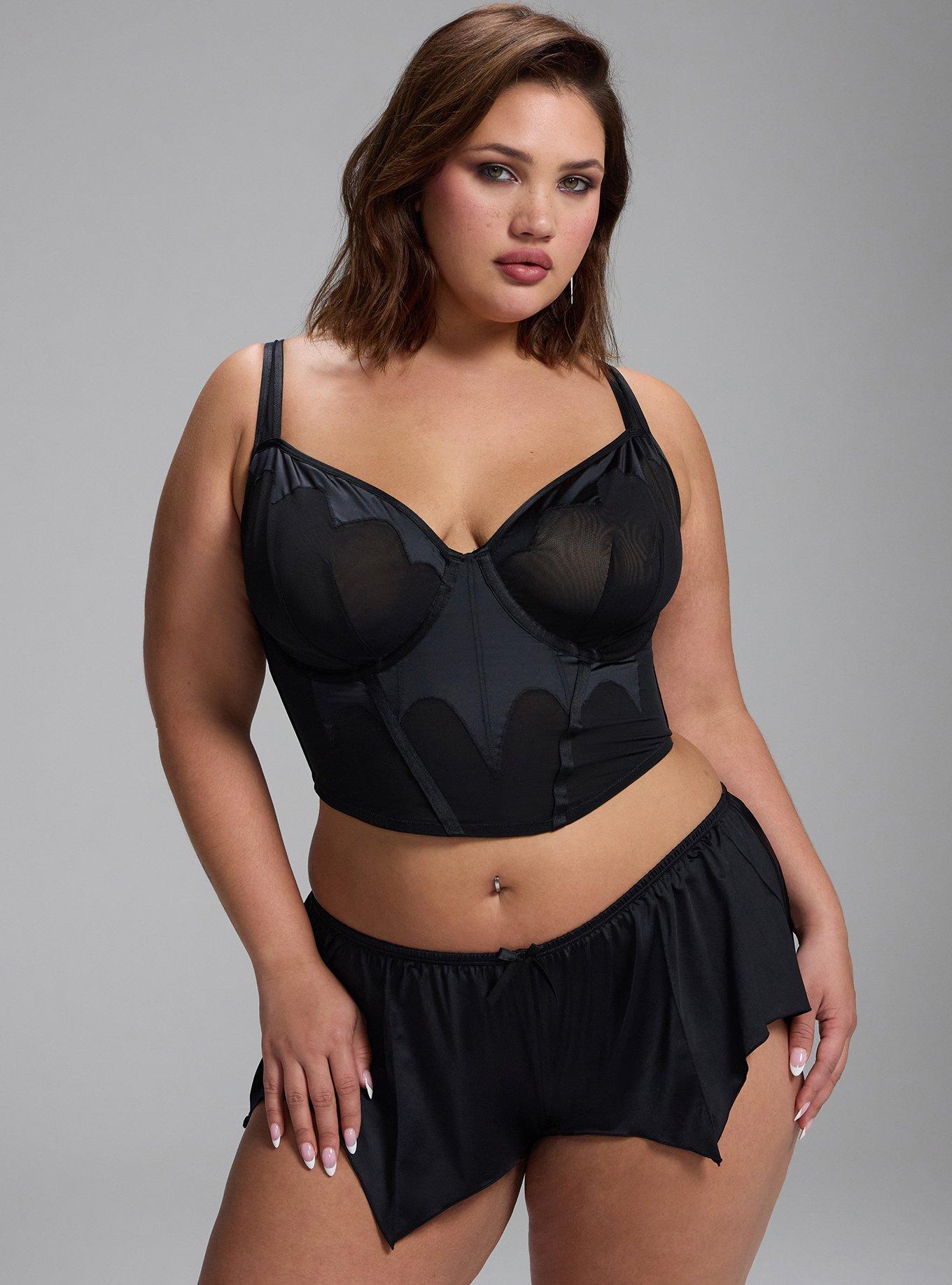 Plus Size Underwire Mesh & Shine Bat Top, RICH BLACK, alternate