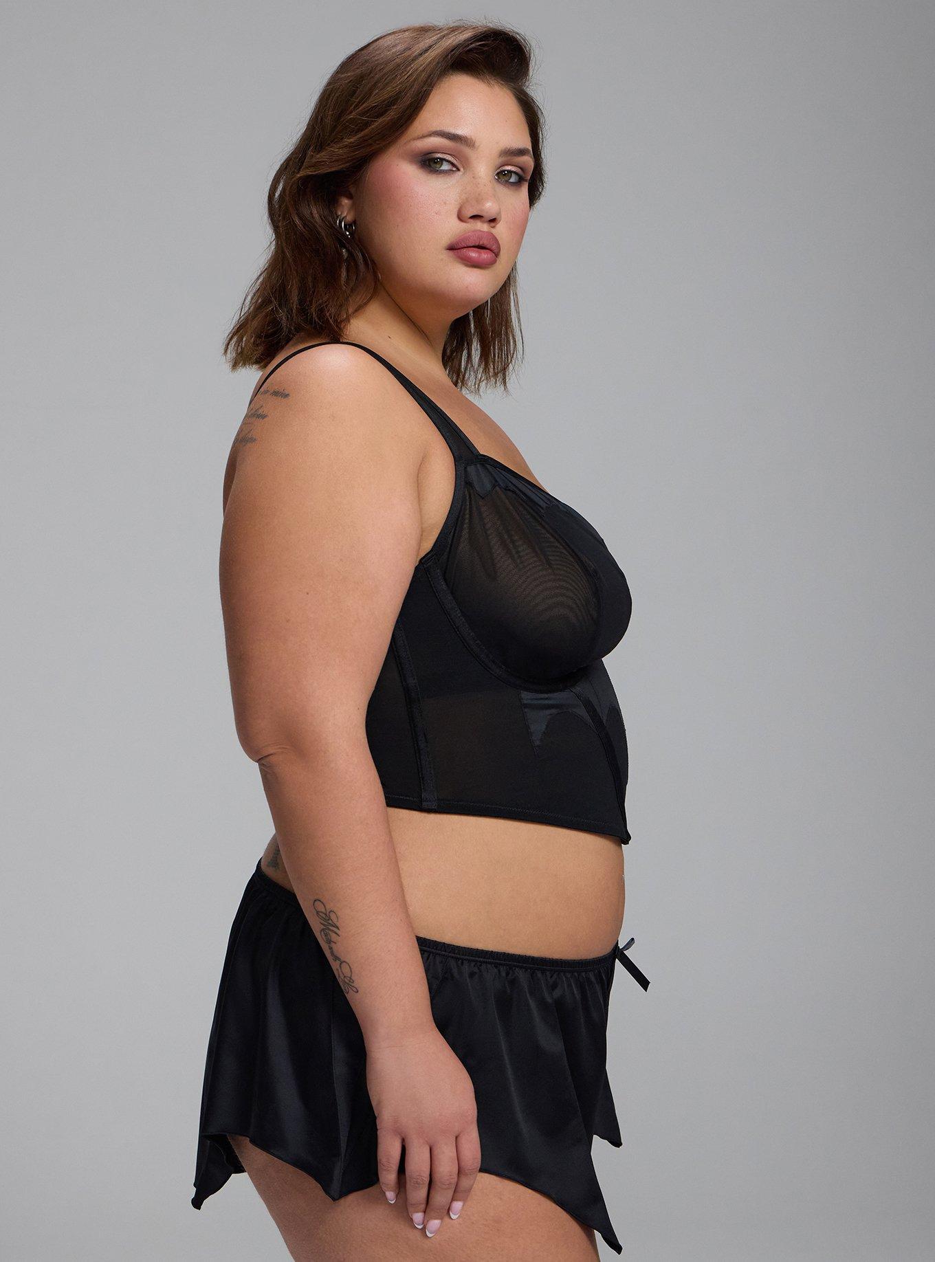 Plus Size Underwire Mesh & Shine Bat Top, RICH BLACK, alternate