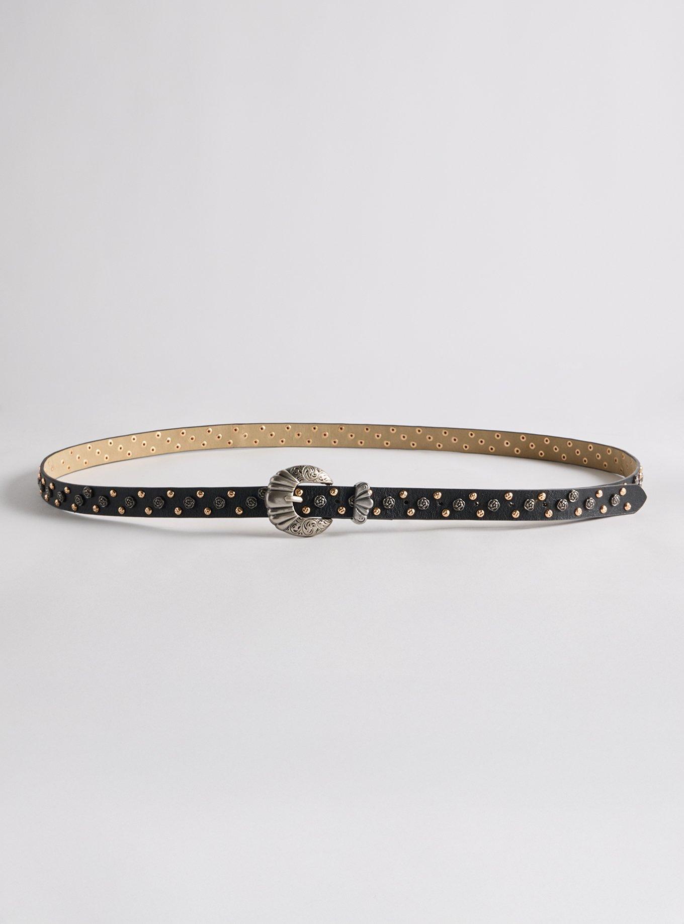 Studded Floral Western Belt, BLACK, alternate