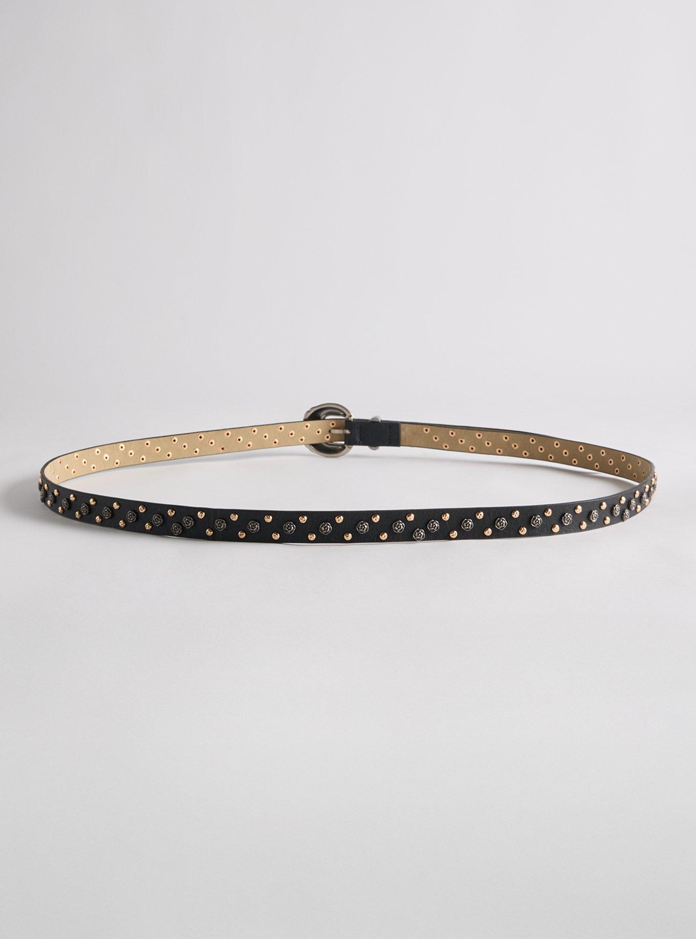Studded Floral Western Belt, BLACK, alternate