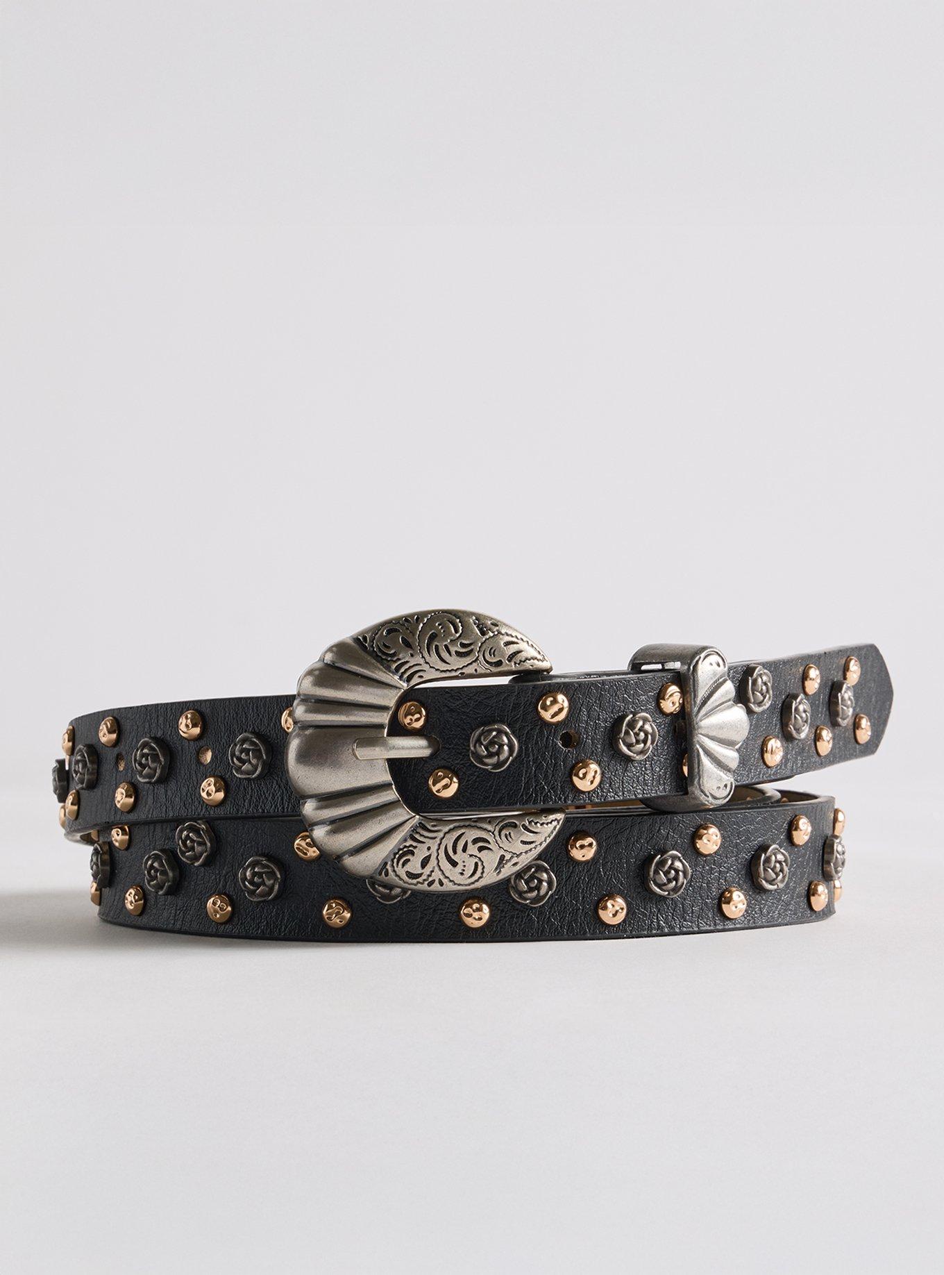 Studded Floral Western Belt, BLACK, hi-res