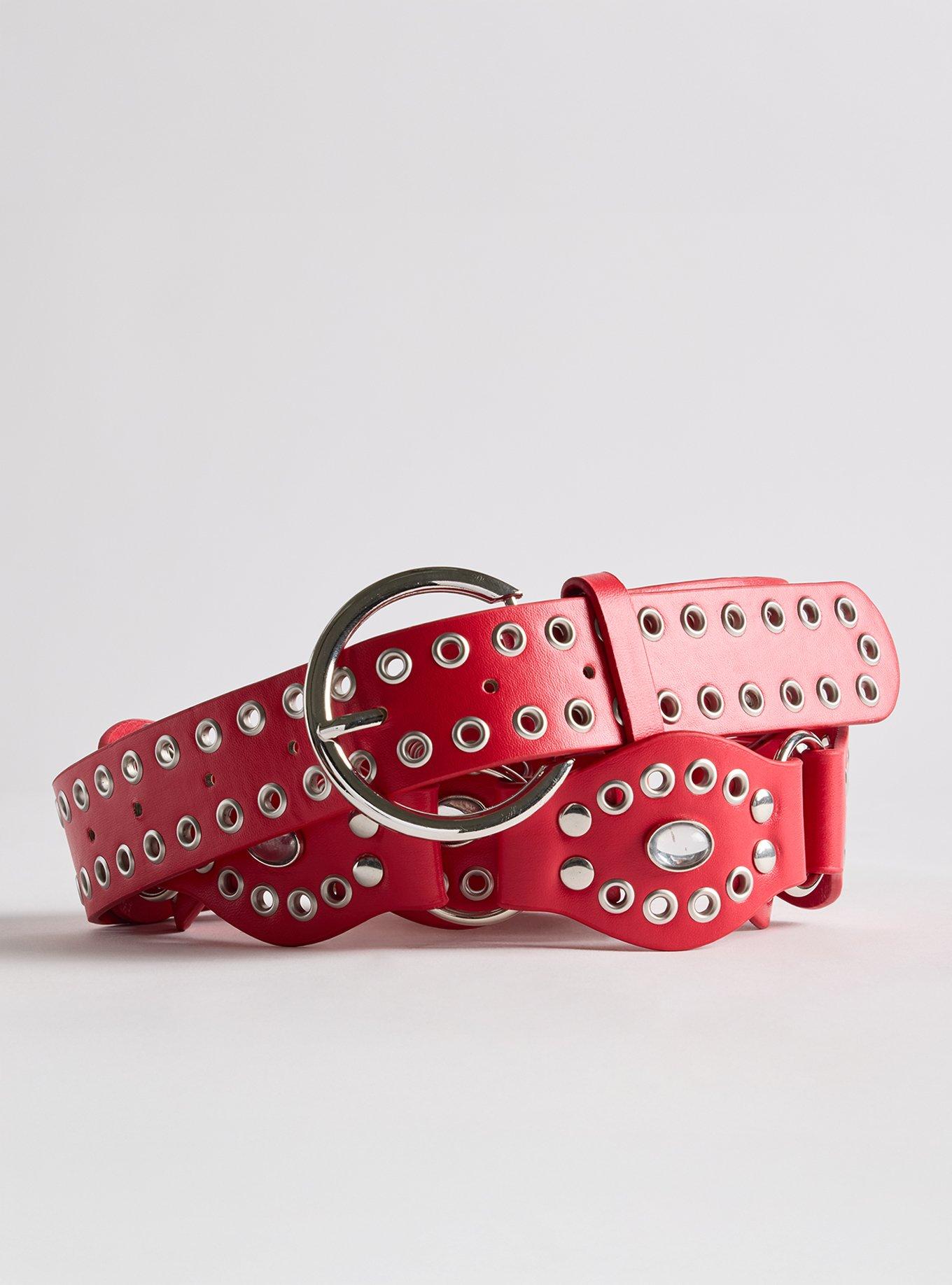 Western Stone Denim Belt, RED, hi-res