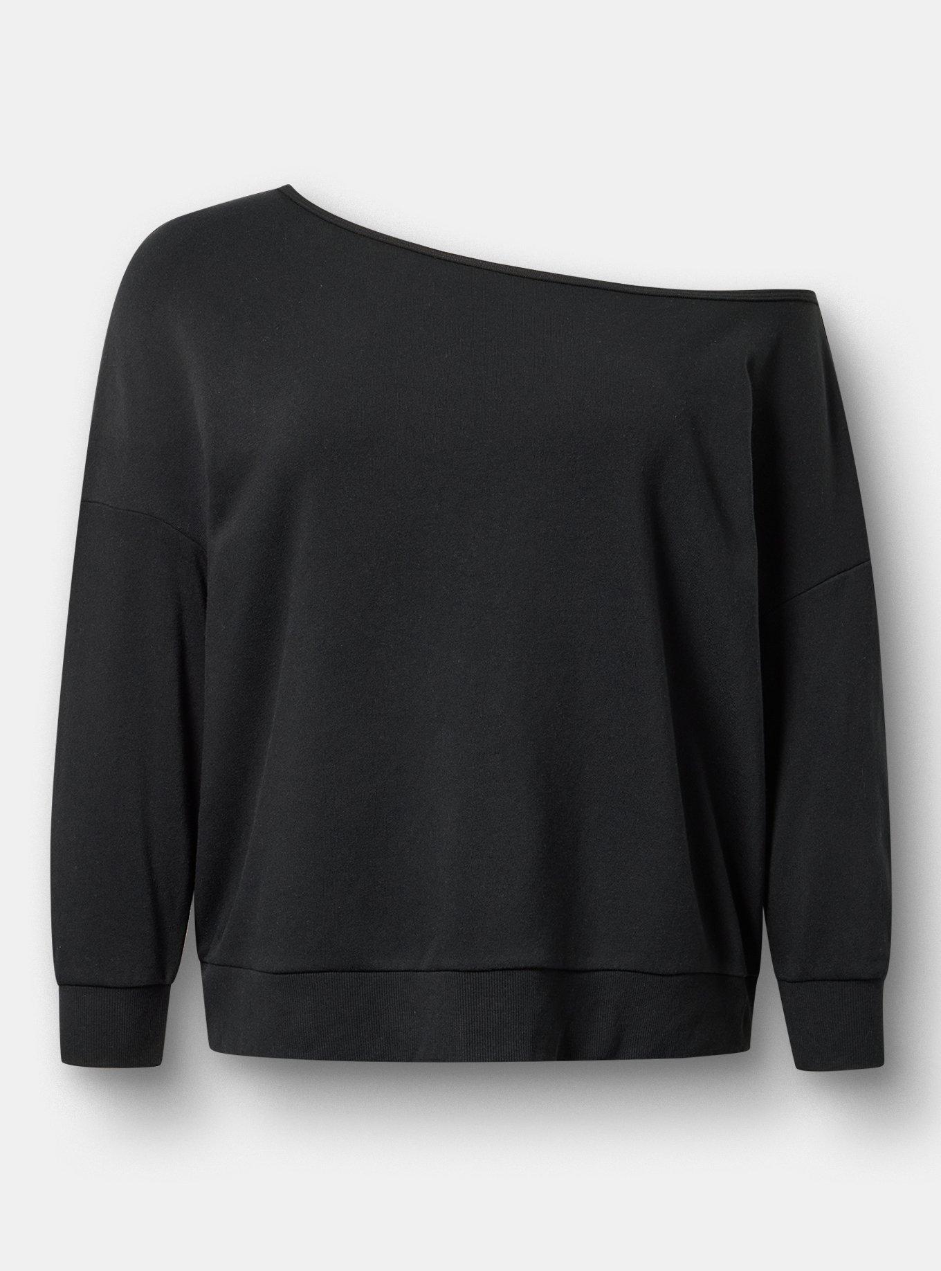 TRU Super Soft Fleece Off-Shoulder Active Sweatshirt, DEEP BLACK, flat
