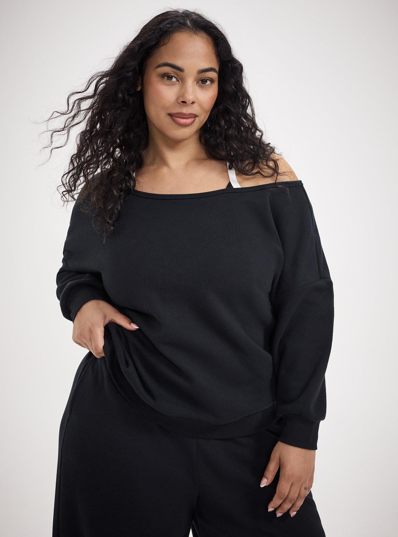 TRU Super Soft Fleece Off-Shoulder Active Sweatshirt, DEEP BLACK, hi-res