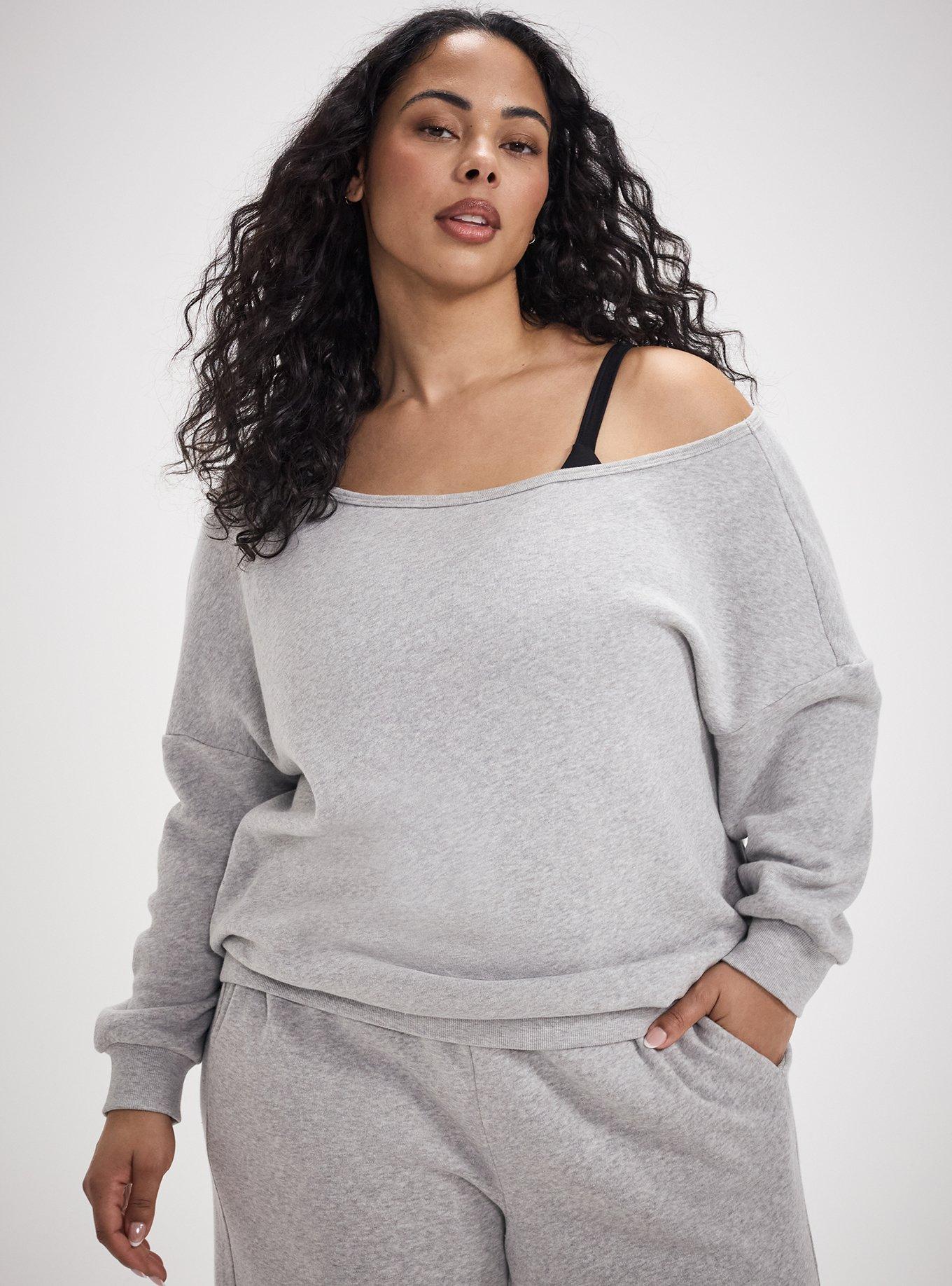 TRU Super Soft Fleece Off-Shoulder Active Sweatshirt, LIGHTEST HEATHER GREY, hi-res