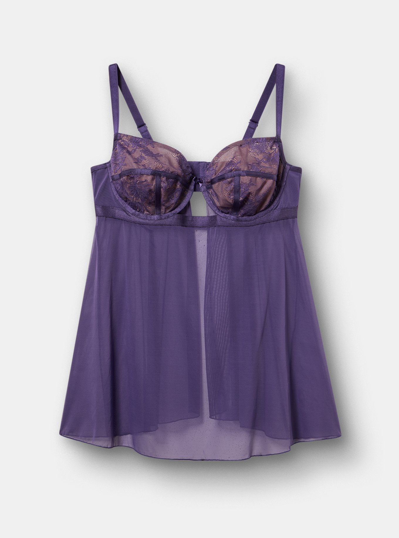 Plus Size Nadia Lace & Mesh Underwire Open Back Babydoll, MULBERRY PURPLE, flat
