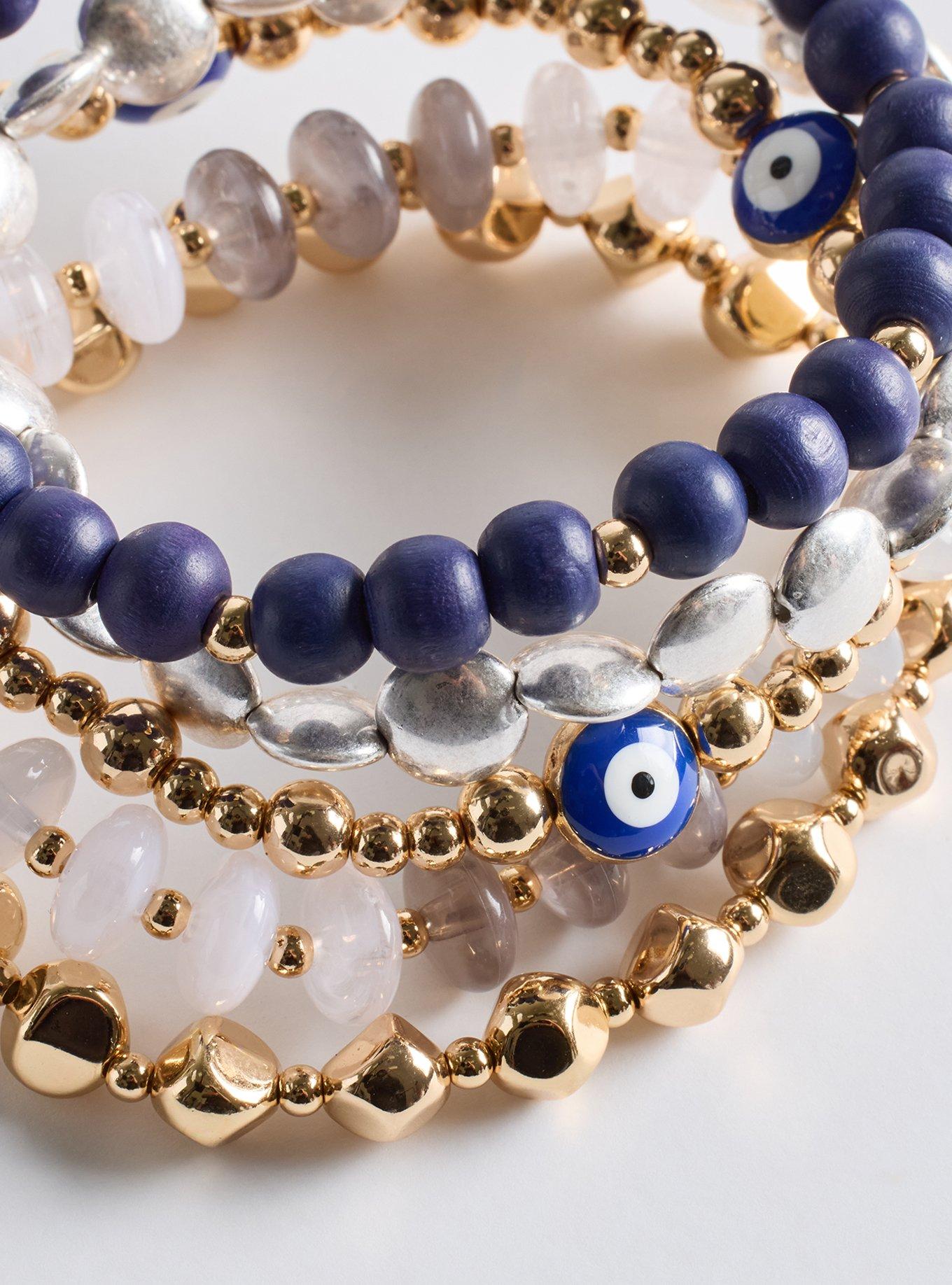 Beaded Eye Stretch Bracelet Set, GOLD, alternate