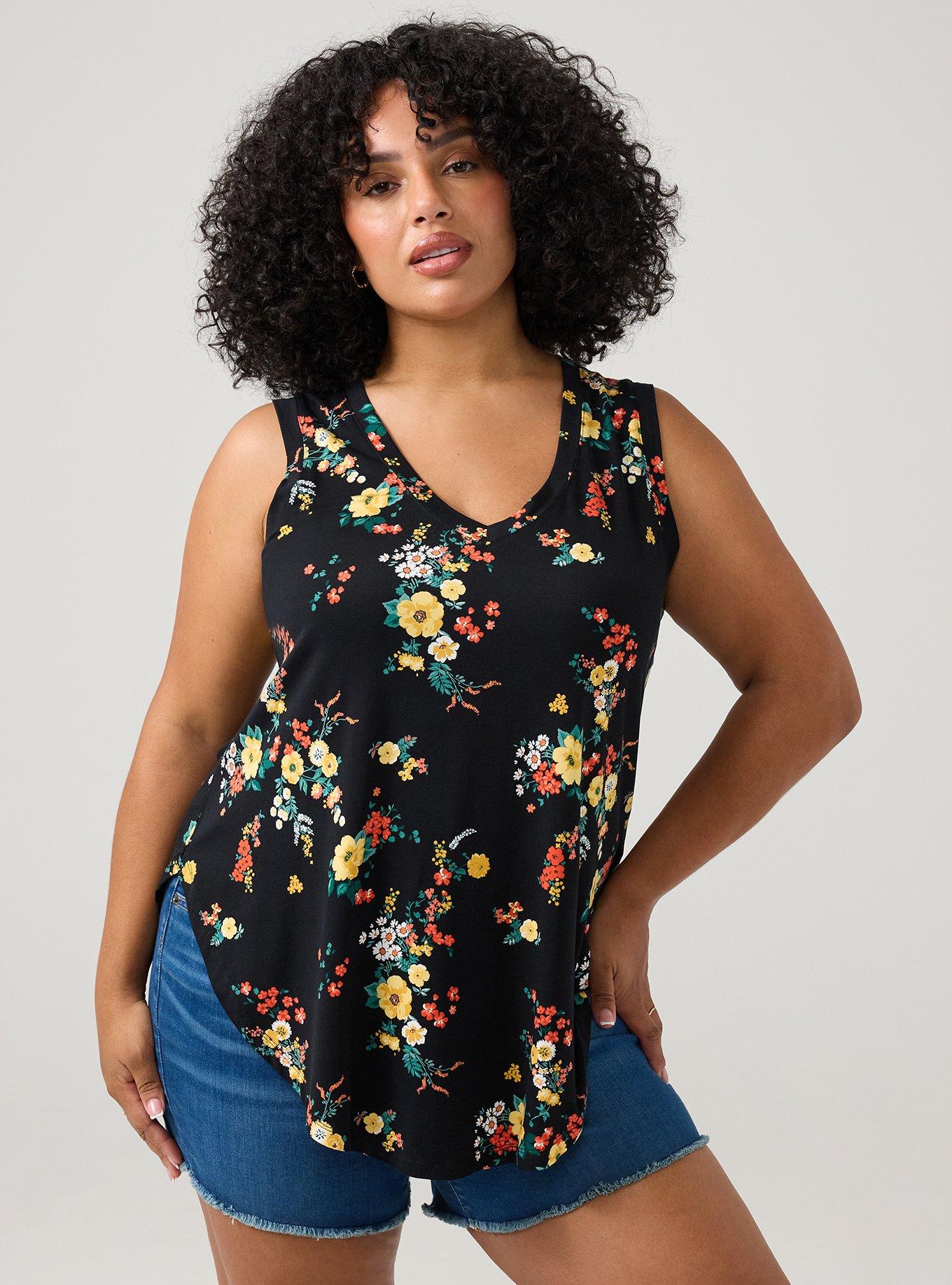 Super Soft V-Neck Shirttail Tunic Tank, DITSY RAIN FLORAL MULTI, hi-res