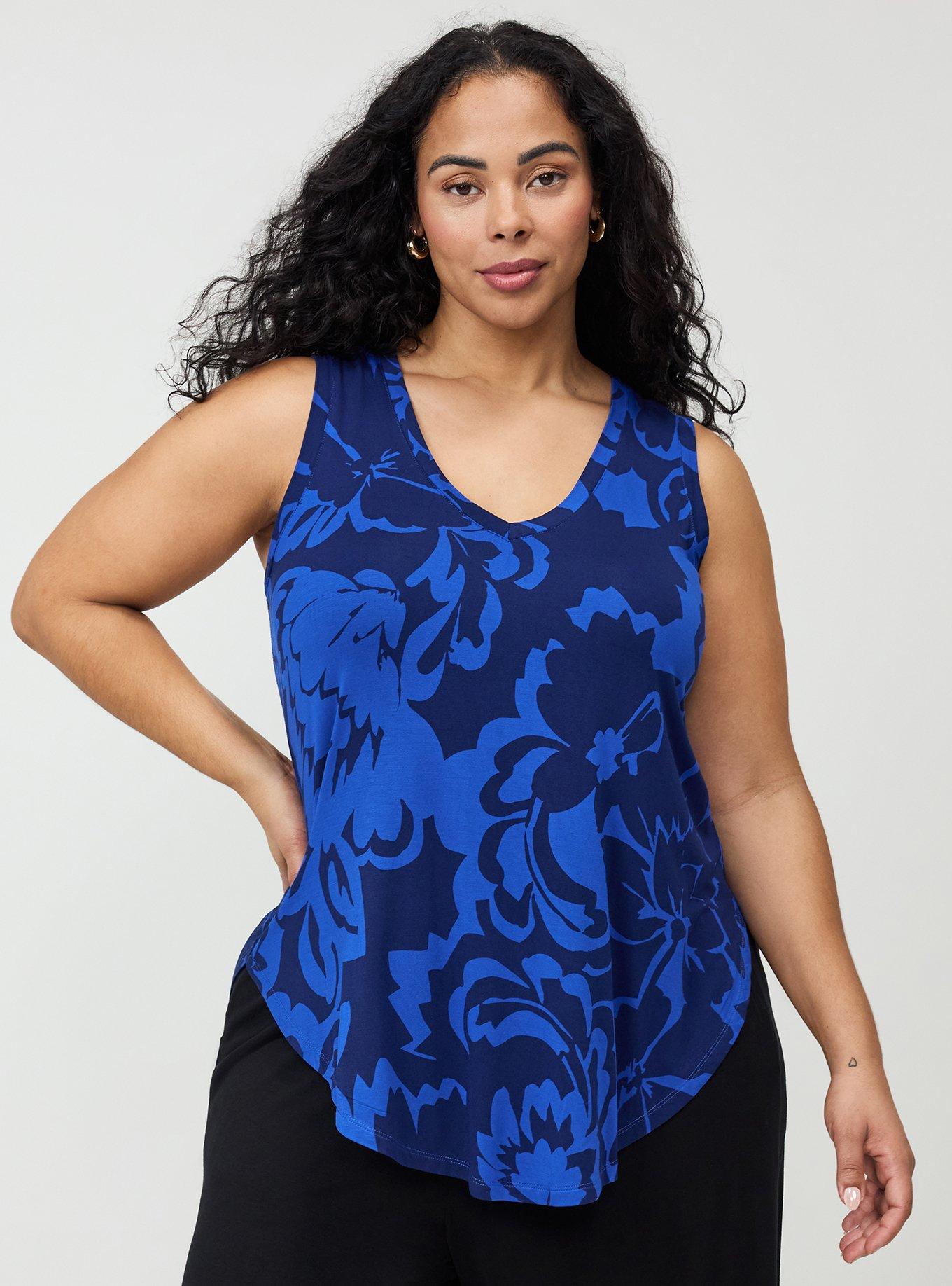 Plus Size Super Soft V-Neck Shirttail Tunic Tank, LUCY FLORAL BLUE, hi-res