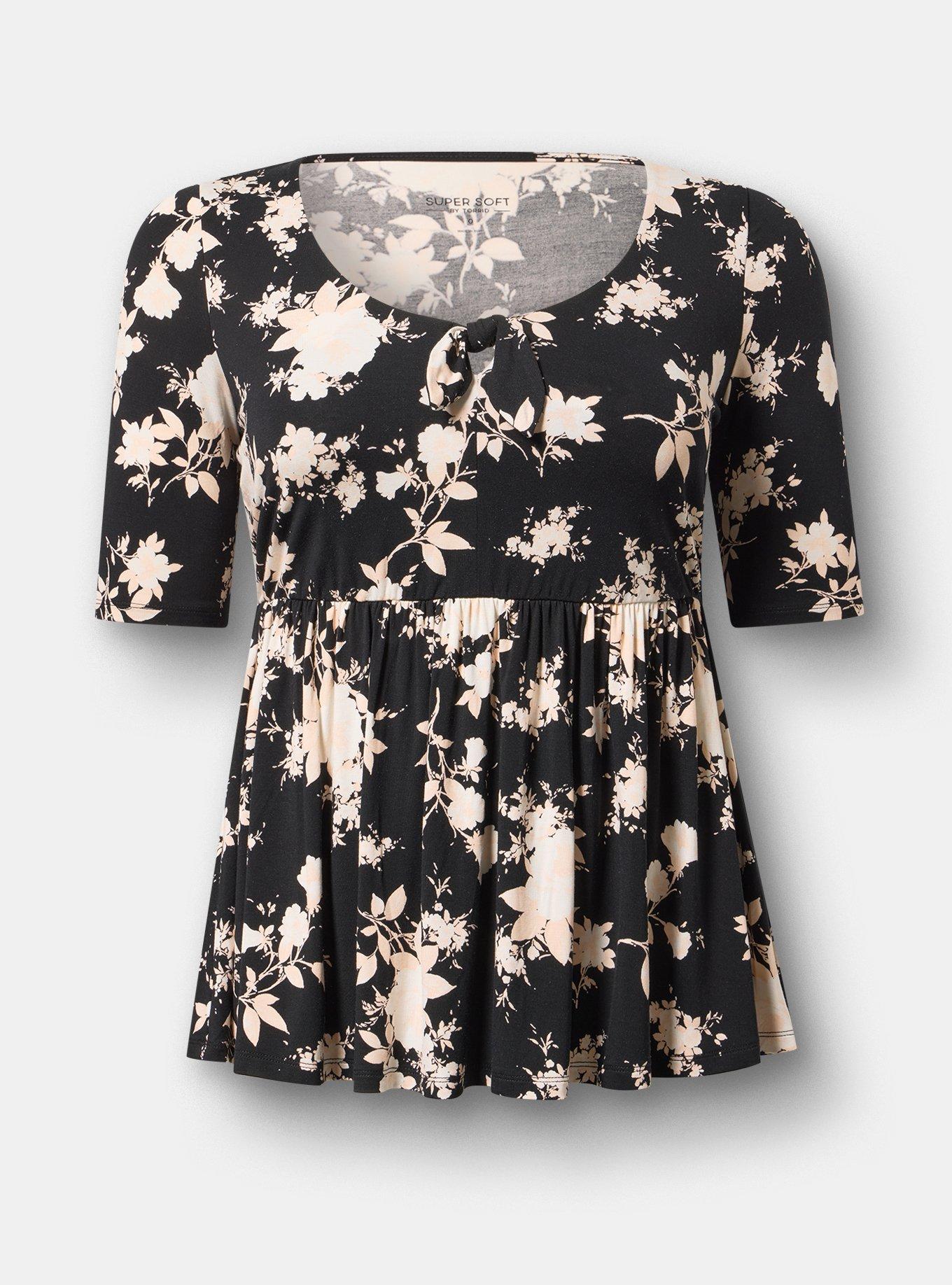Super Soft Knot Front Babydoll Top, ILLUMINATED FLORAL BLACK, flat