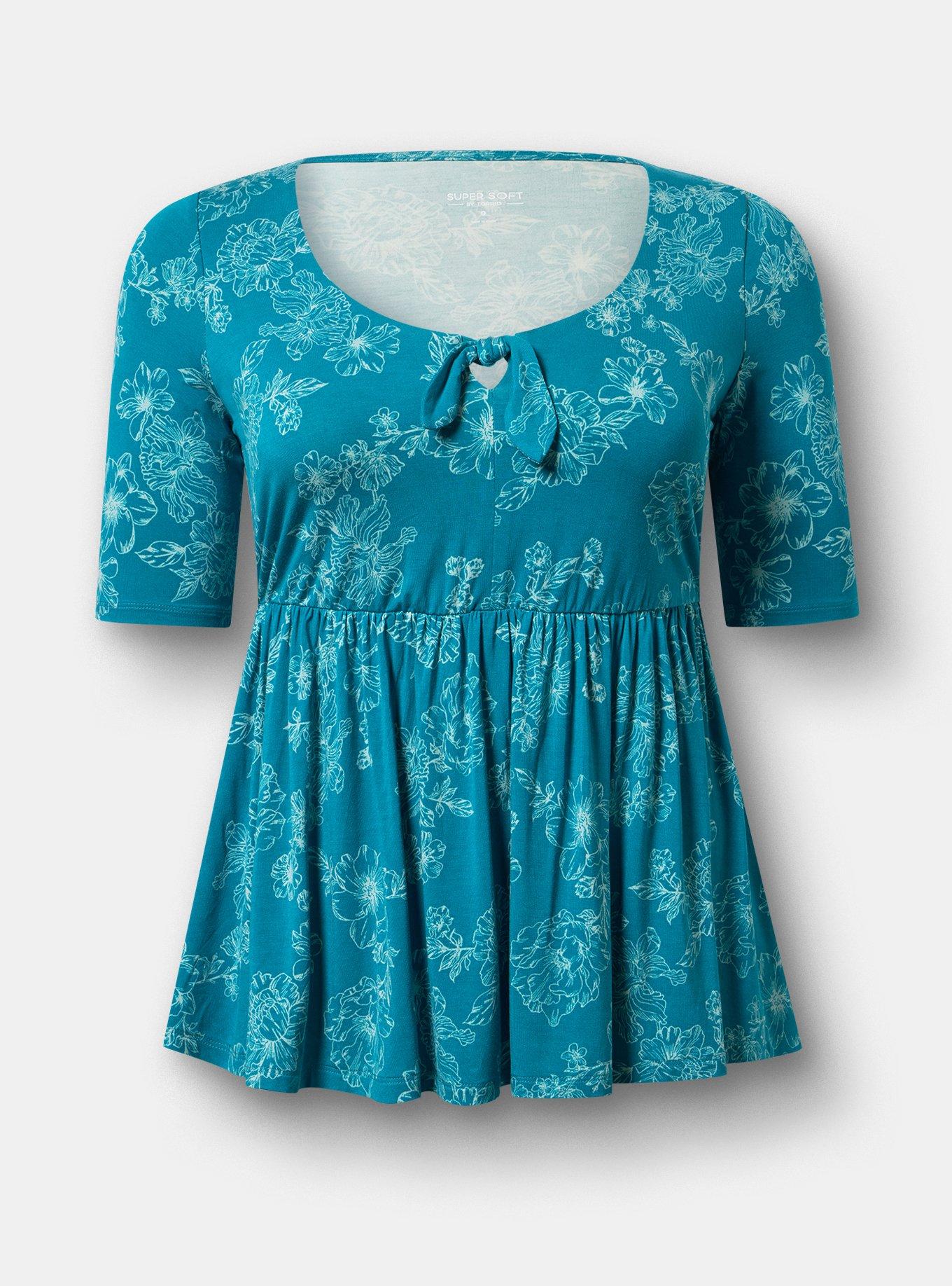Super Soft V-Neck Babydoll Top, GLITTERING FLORAL TEAL, flat