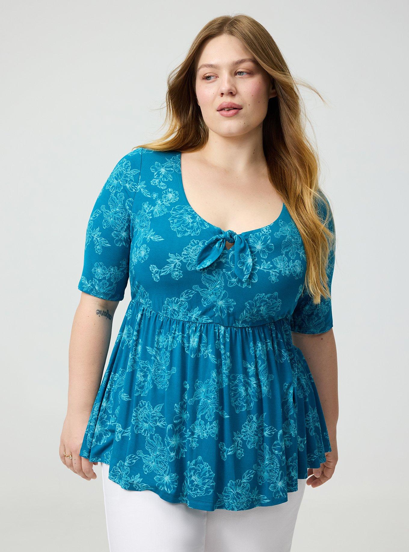 Super Soft V-Neck Babydoll Top, GLITTERING FLORAL TEAL, hi-res