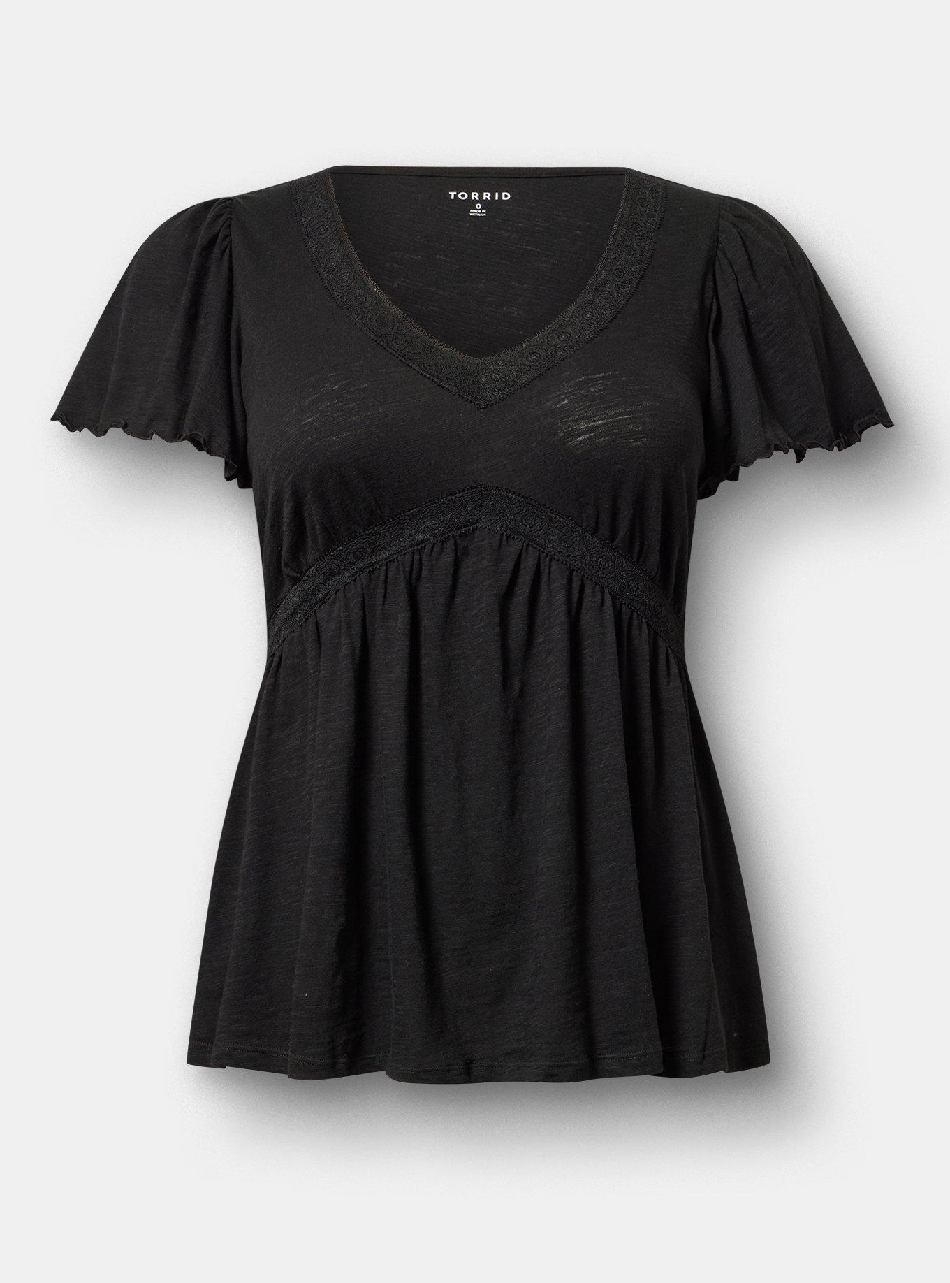 Heritage Slub Crochet Trim Babydoll Top, DEEP BLACK, flat