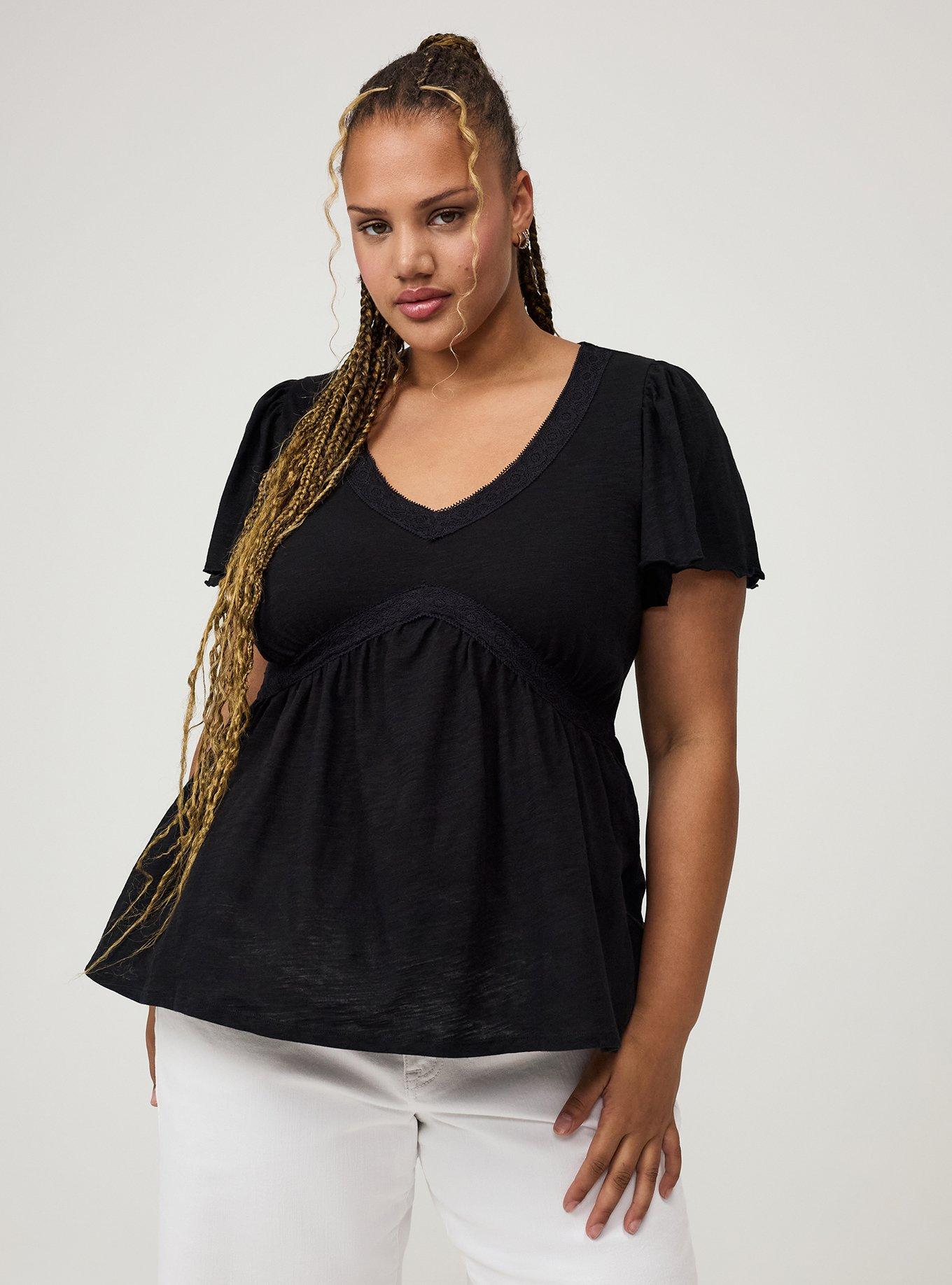 Heritage Slub Crochet Trim Babydoll Top, DEEP BLACK, hi-res