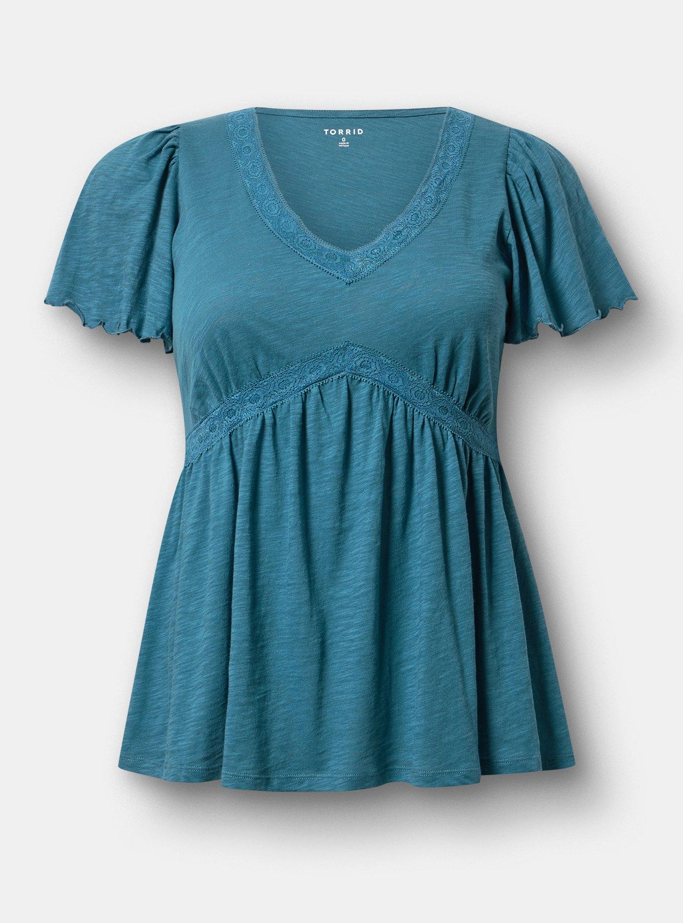 Plus Size Heritage Slub Crochet Trim Babydoll Top, MALLARD BLUE, hi-res