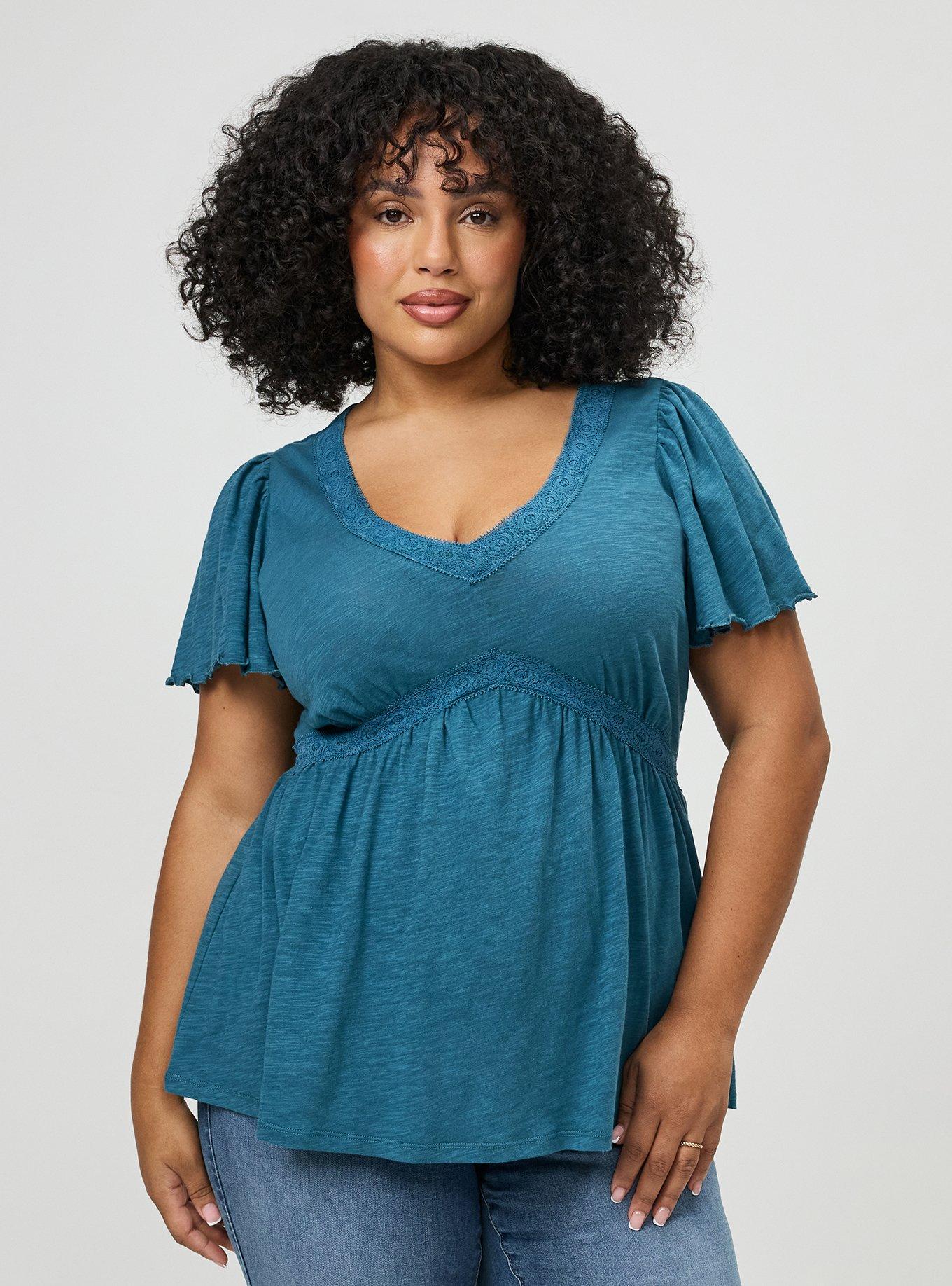 Plus Size Heritage Slub Crochet Trim Babydoll Top, MALLARD BLUE, hi-res