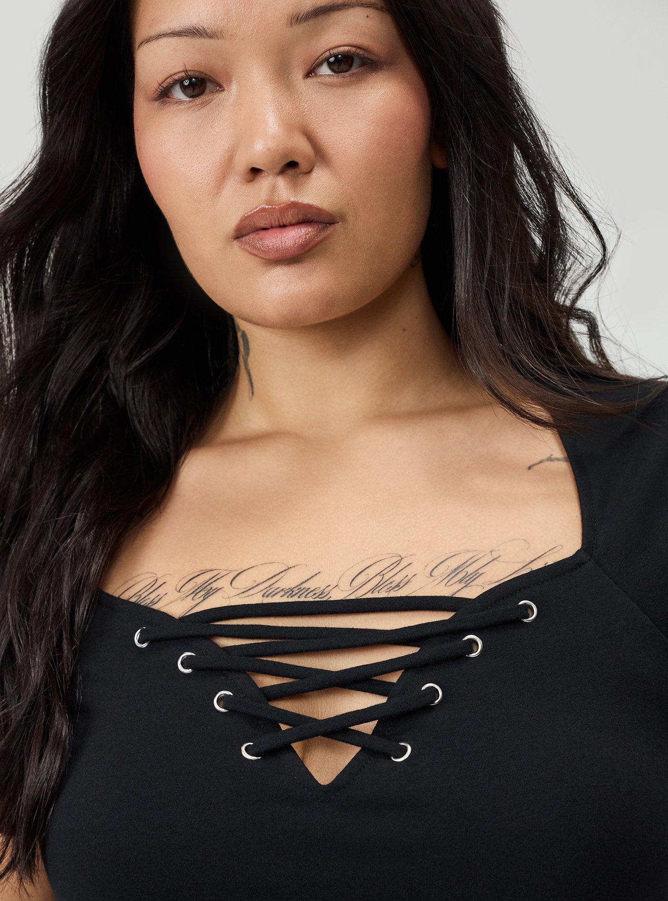 Plus Size Foxy Lace-Up Top, DEEP BLACK, alternate