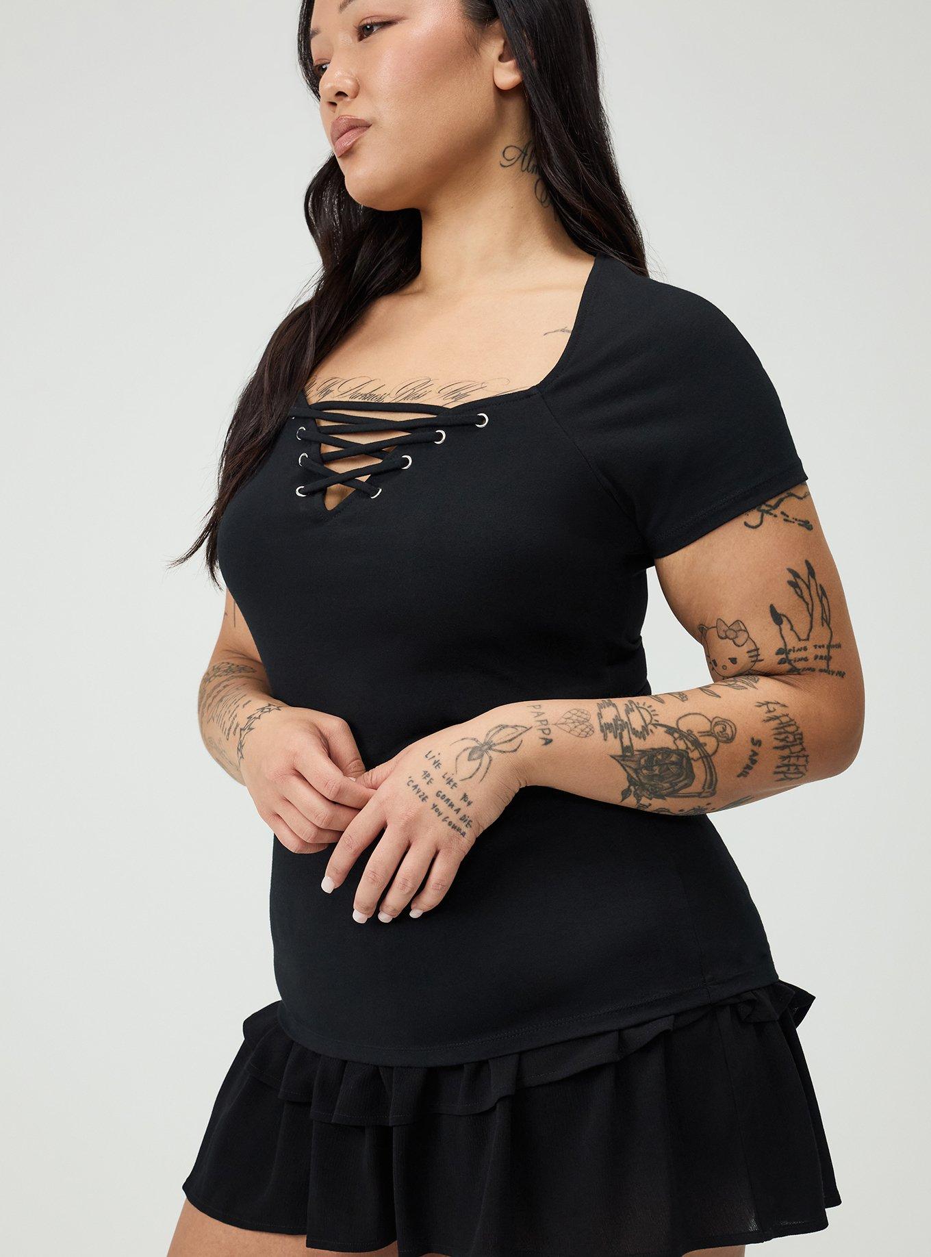Plus Size Foxy Lace-Up Top, DEEP BLACK, alternate