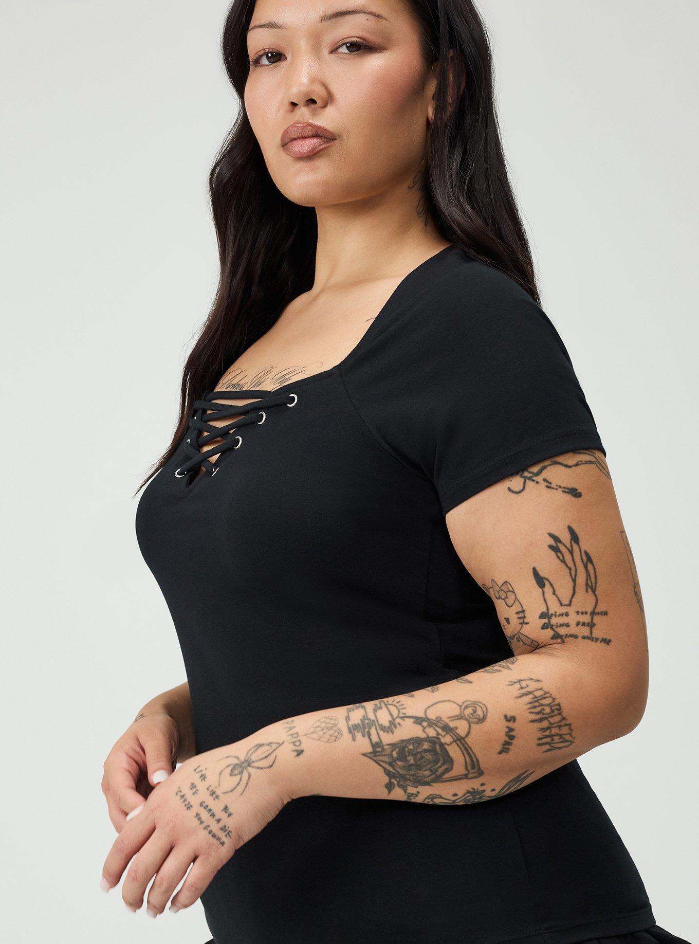 Plus Size Foxy Lace-Up Top, DEEP BLACK, alternate