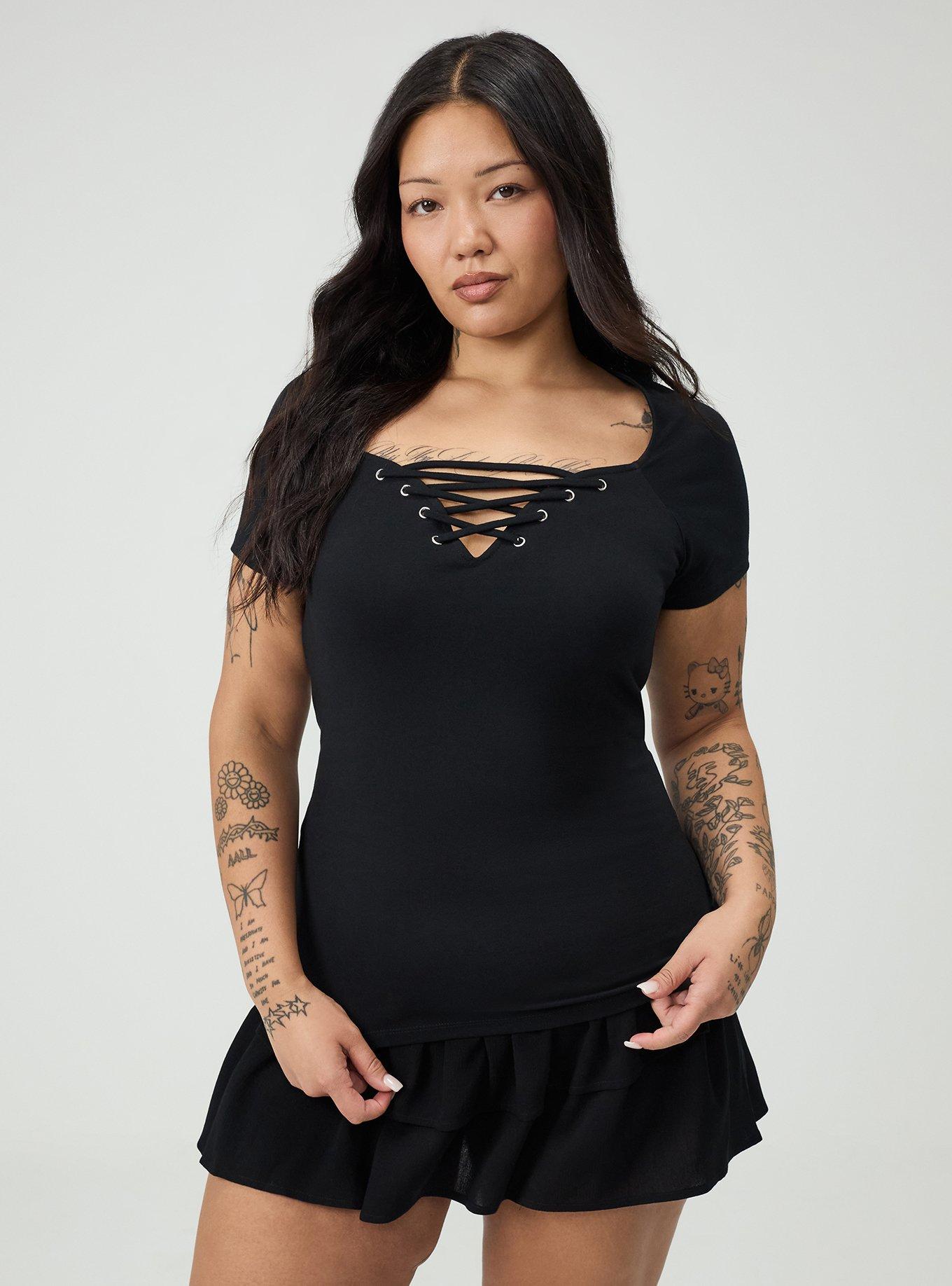 Plus Size Foxy Lace-Up Top, DEEP BLACK, hi-res