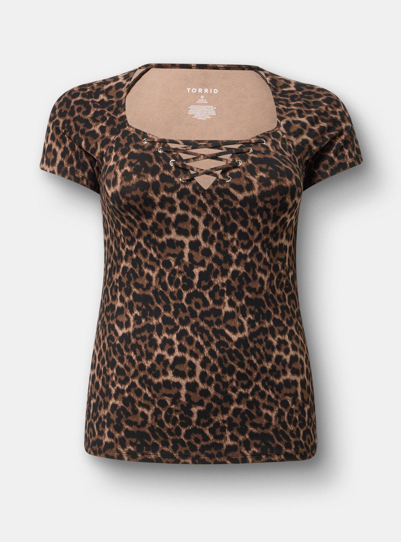 Plus Size Foxy Lace-Up Top, ON THE PROWL LEOPARD BROWN, flat