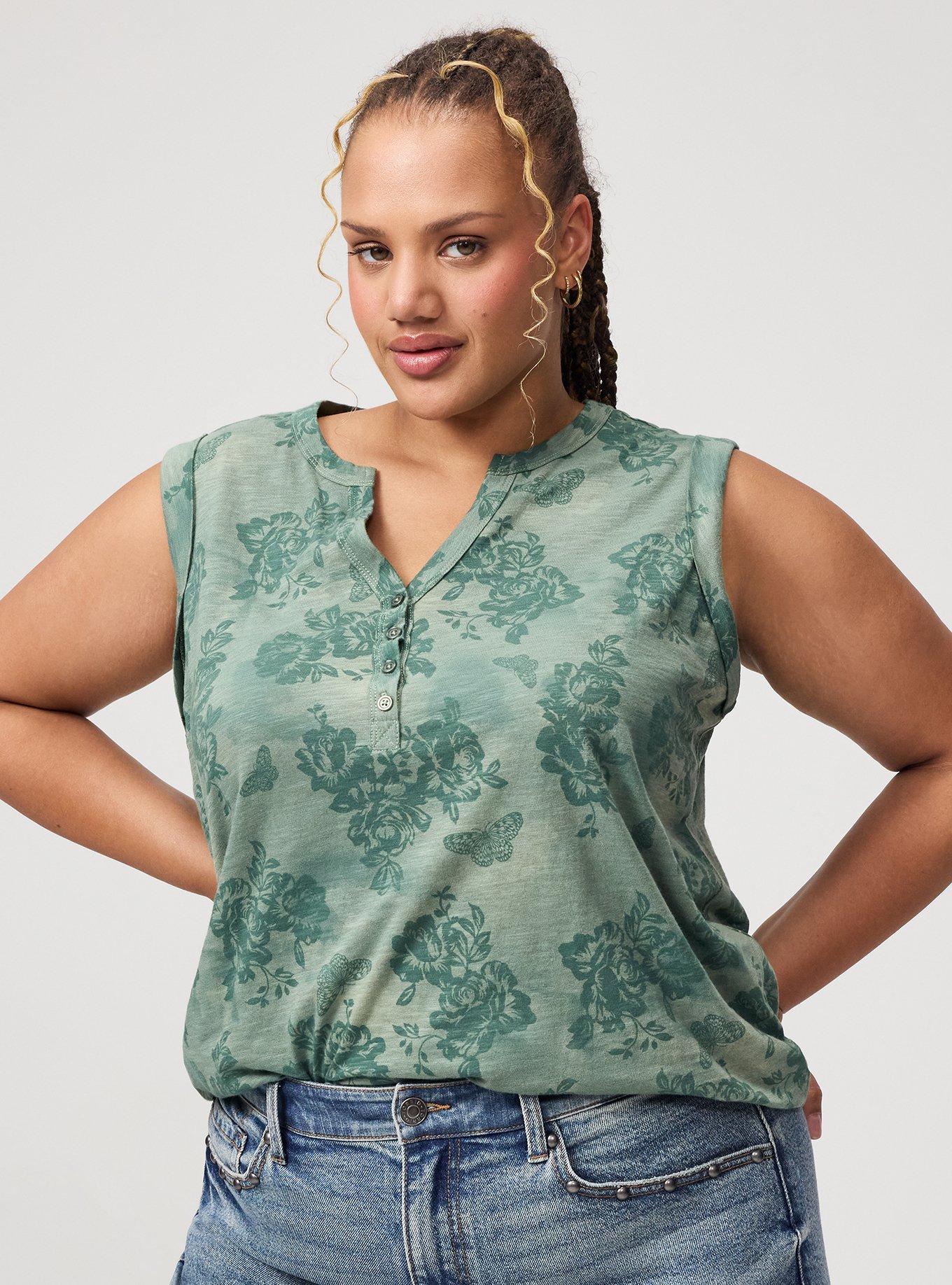 Heritage Slub Henley Muscle Tank, BUTTERFLY ROSES FLORAL HEDGE GREEN, alternate