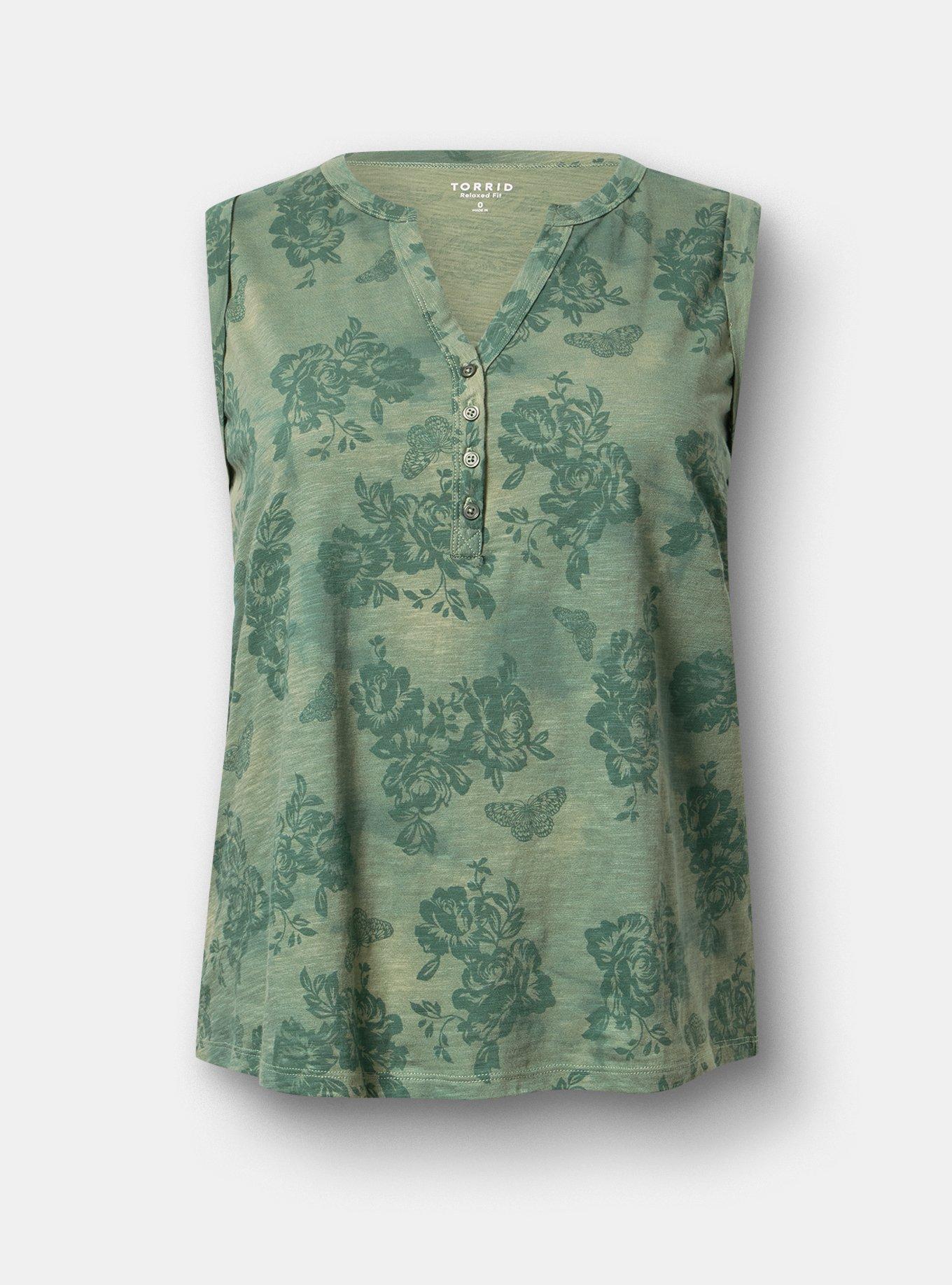 Heritage Slub Henley Muscle Tank, BUTTERFLY ROSES FLORAL HEDGE GREEN, flat