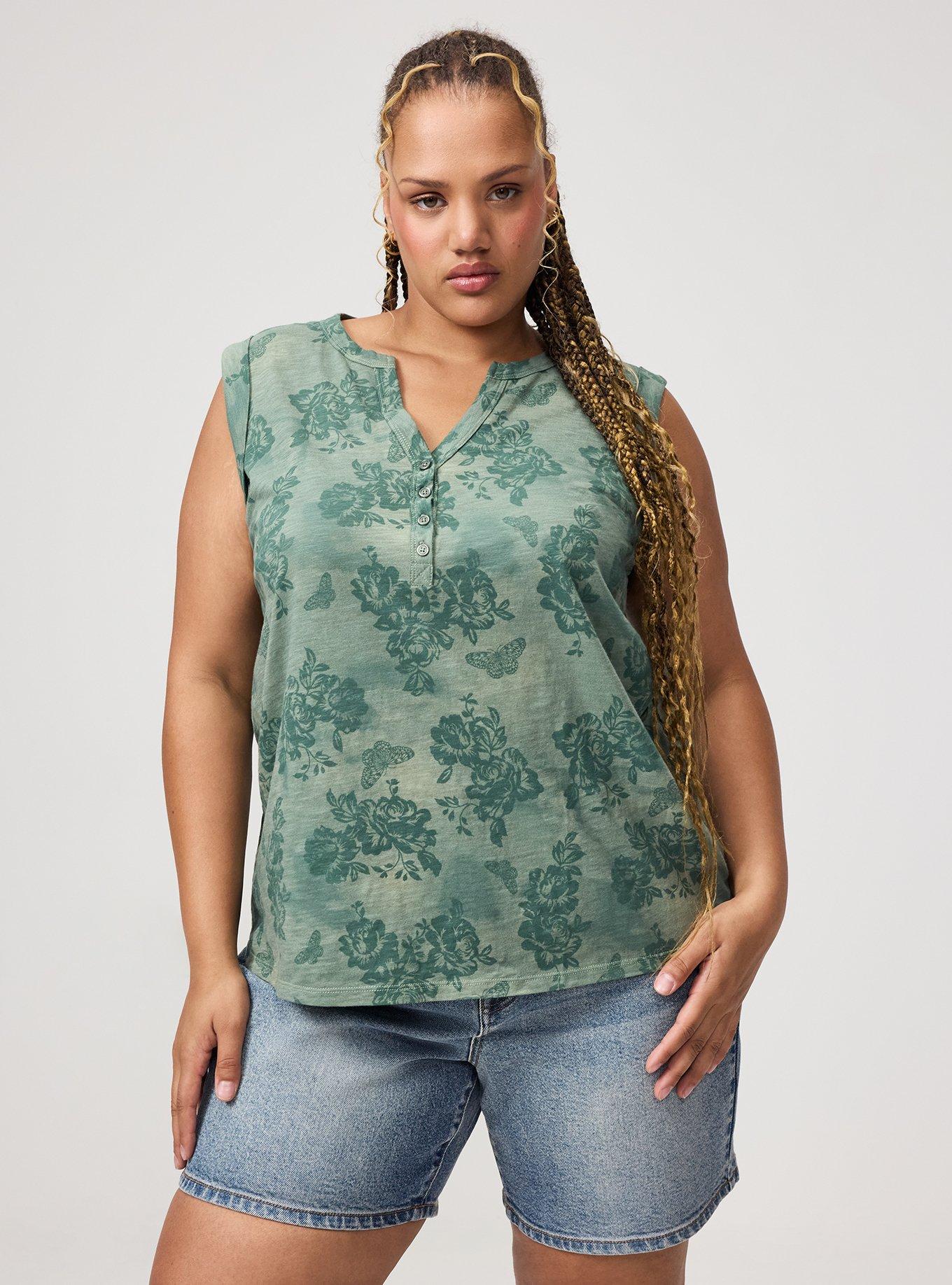 Heritage Slub Henley Muscle Tank, BUTTERFLY ROSES FLORAL HEDGE GREEN, hi-res