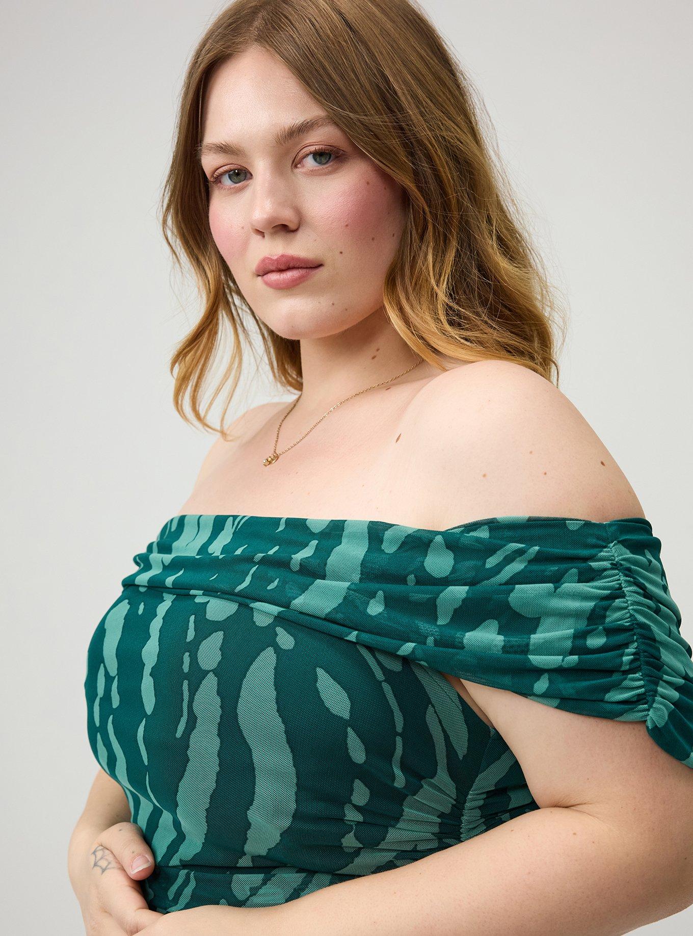 Shirred Mesh Off-Shoulder Top, ABSTRACT SPLATTER GREEN, alternate