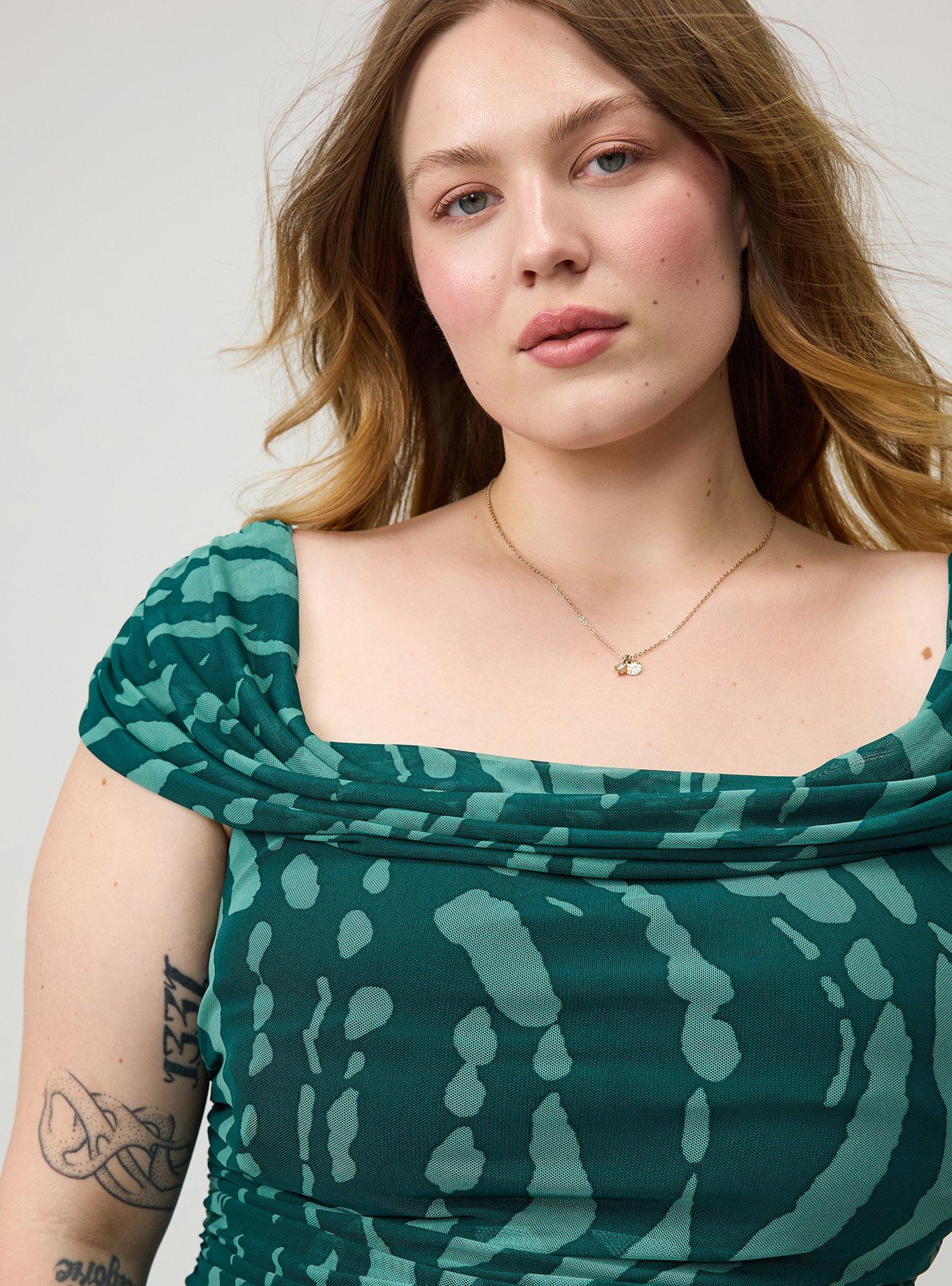 Shirred Mesh Off-Shoulder Top, ABSTRACT SPLATTER GREEN, alternate