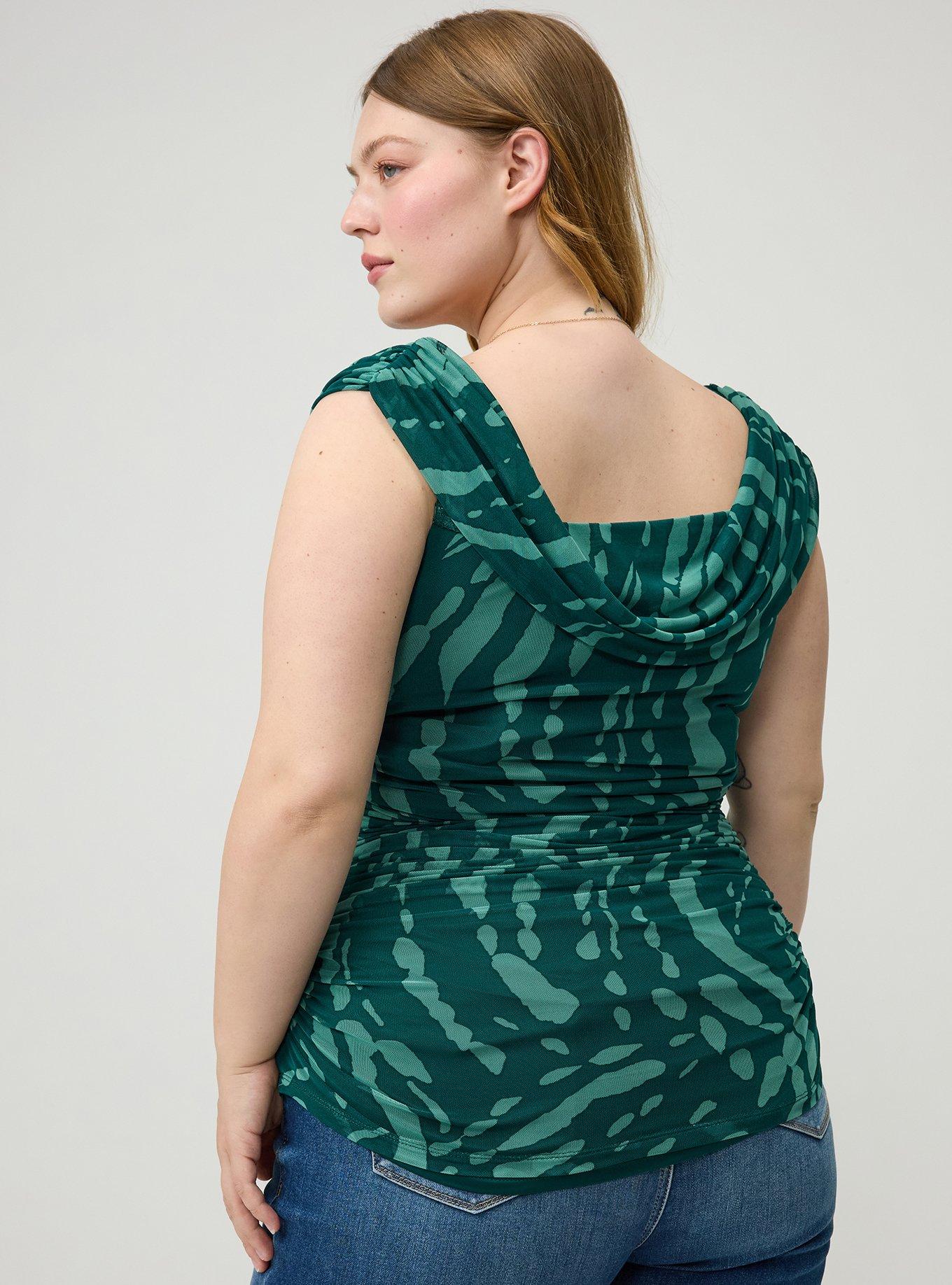 Shirred Mesh Off-Shoulder Top, ABSTRACT SPLATTER GREEN, alternate