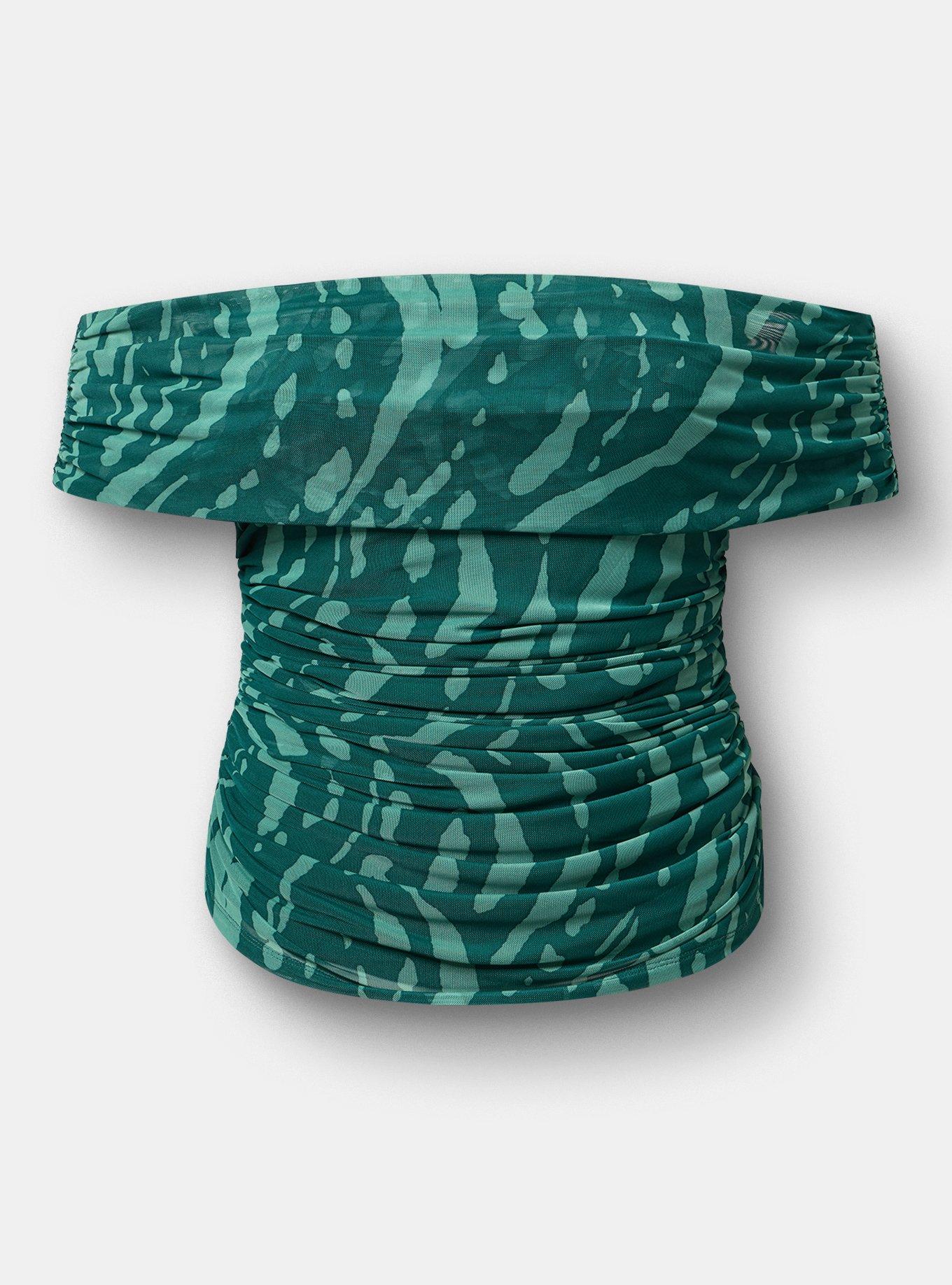Shirred Mesh Off-Shoulder Top, ABSTRACT SPLATTER GREEN, flat