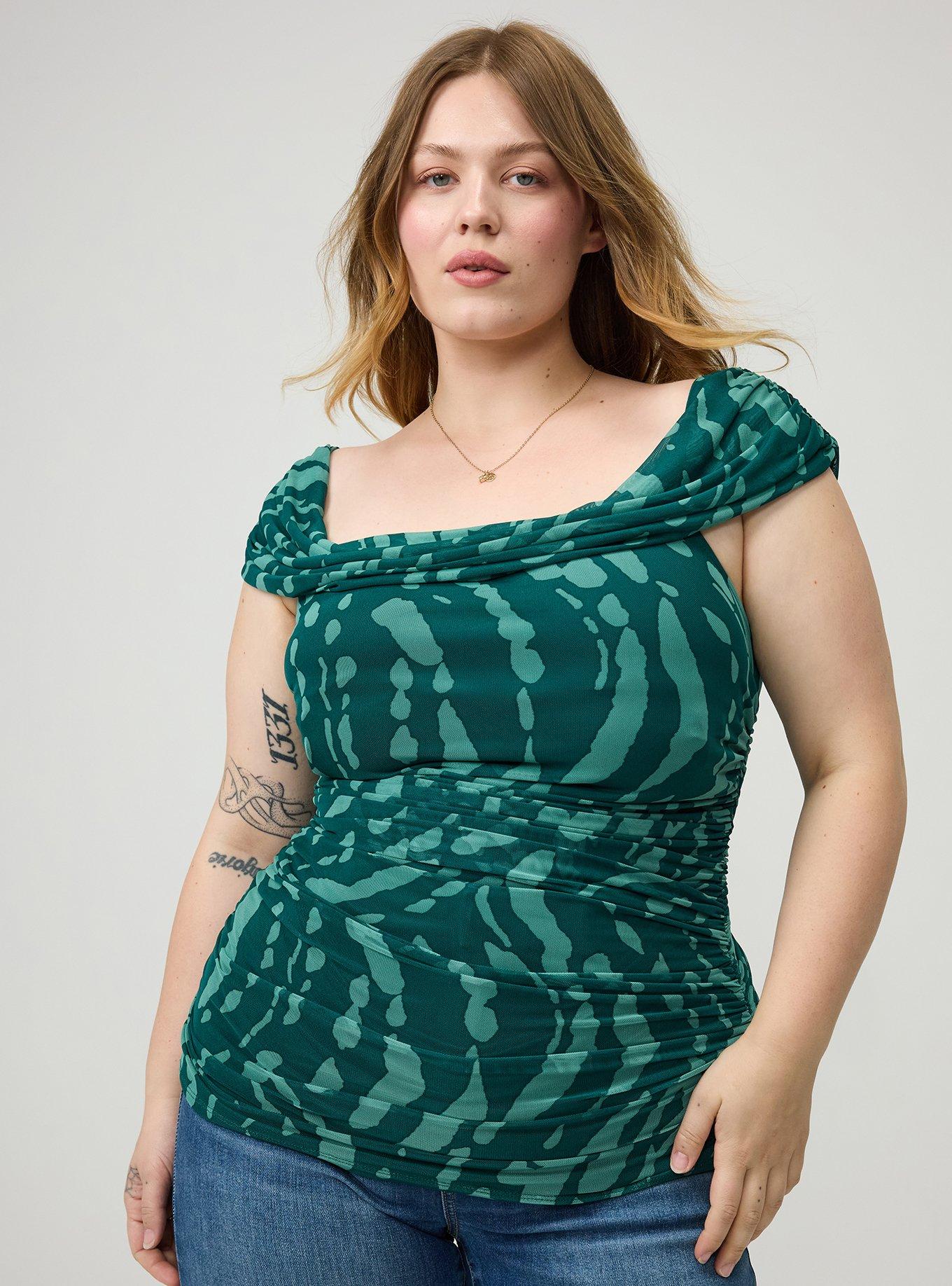Shirred Mesh Off-Shoulder Top, ABSTRACT SPLATTER GREEN, hi-res
