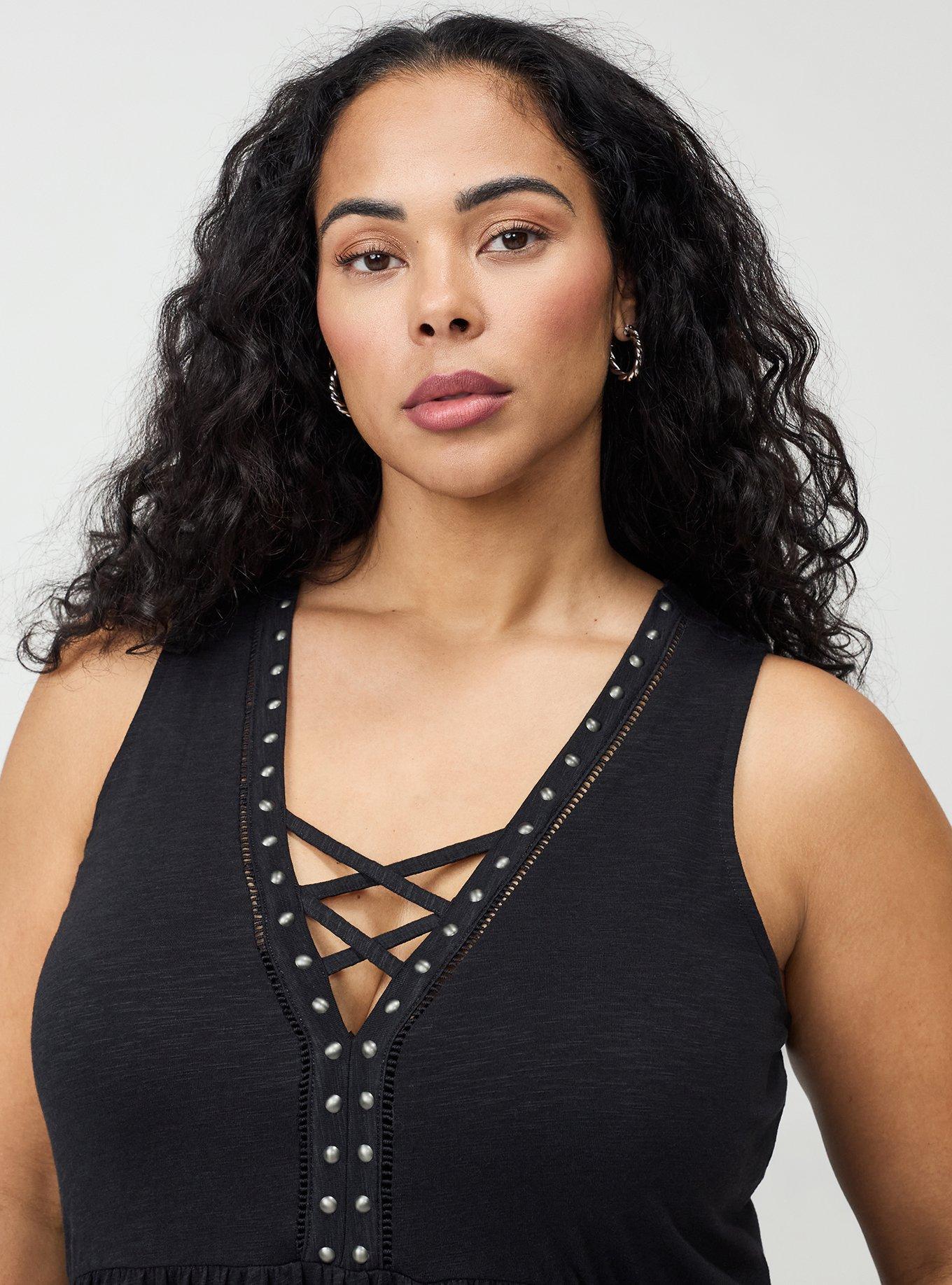 Vintage Slub Studded Babydoll Top, DEEP BLACK, alternate