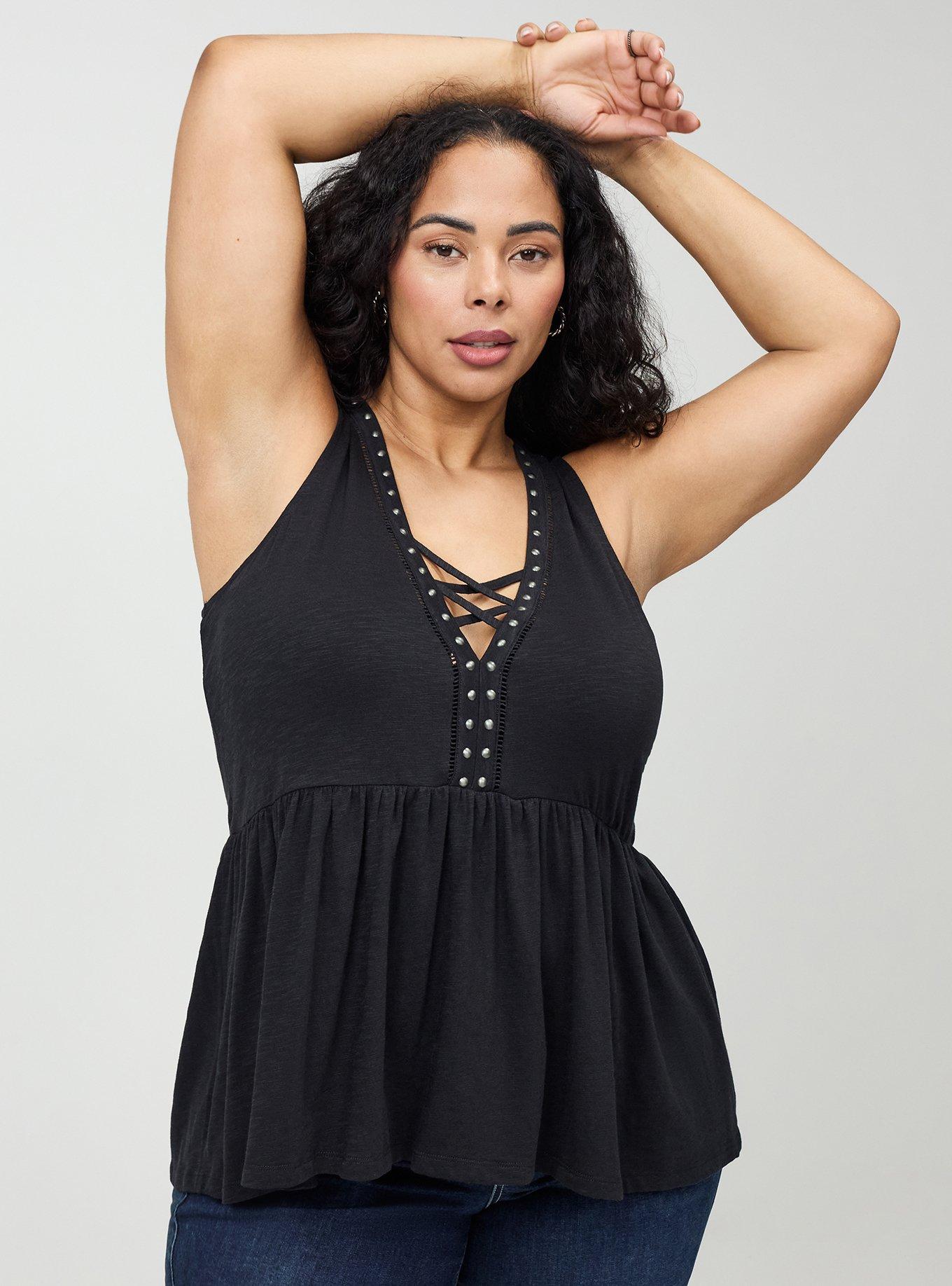 Vintage Slub Studded Babydoll Top, DEEP BLACK, alternate
