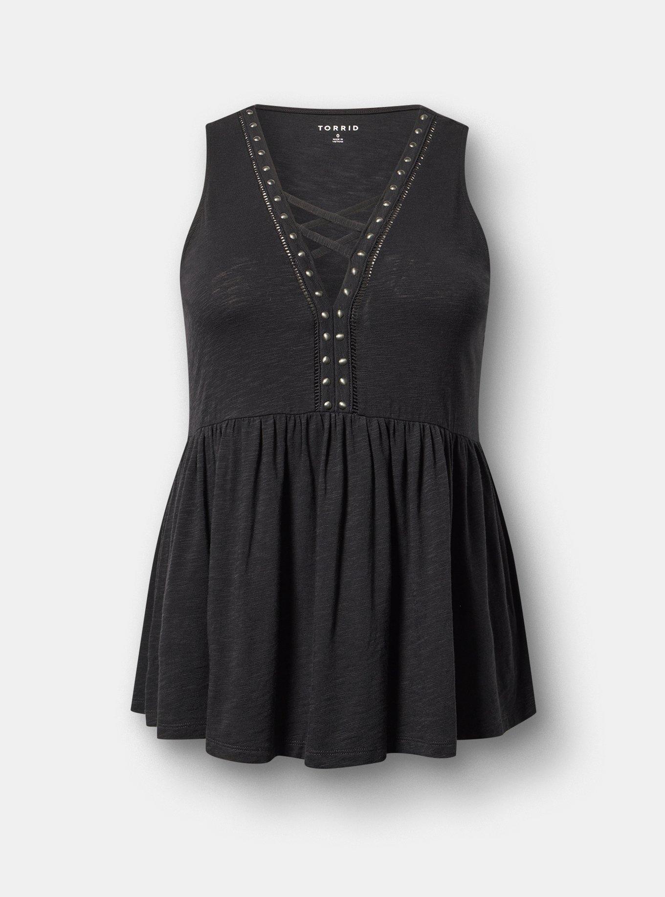 Vintage Slub Studded Babydoll Top, DEEP BLACK, flat
