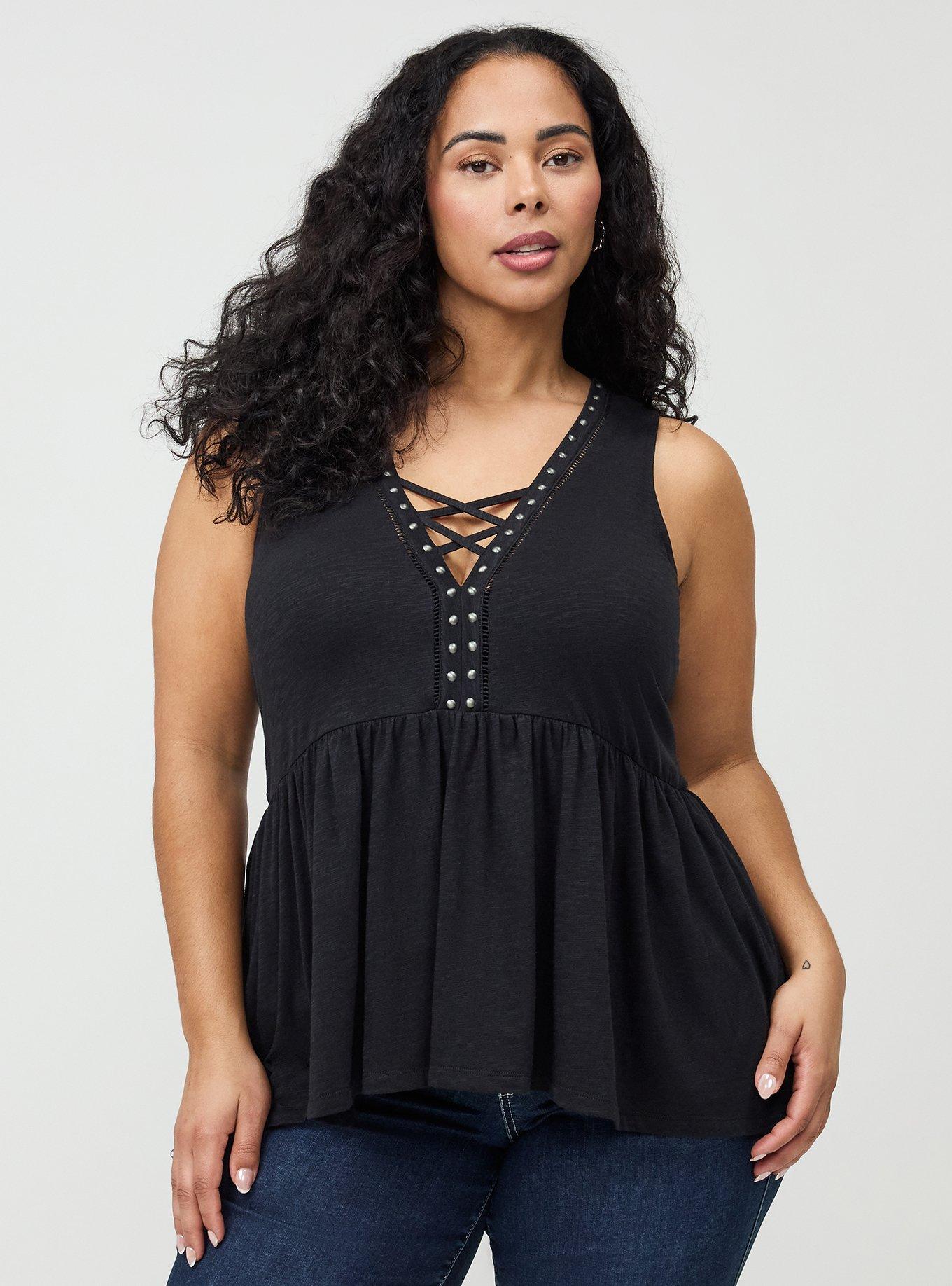Vintage Slub Studded Babydoll Top, DEEP BLACK, hi-res