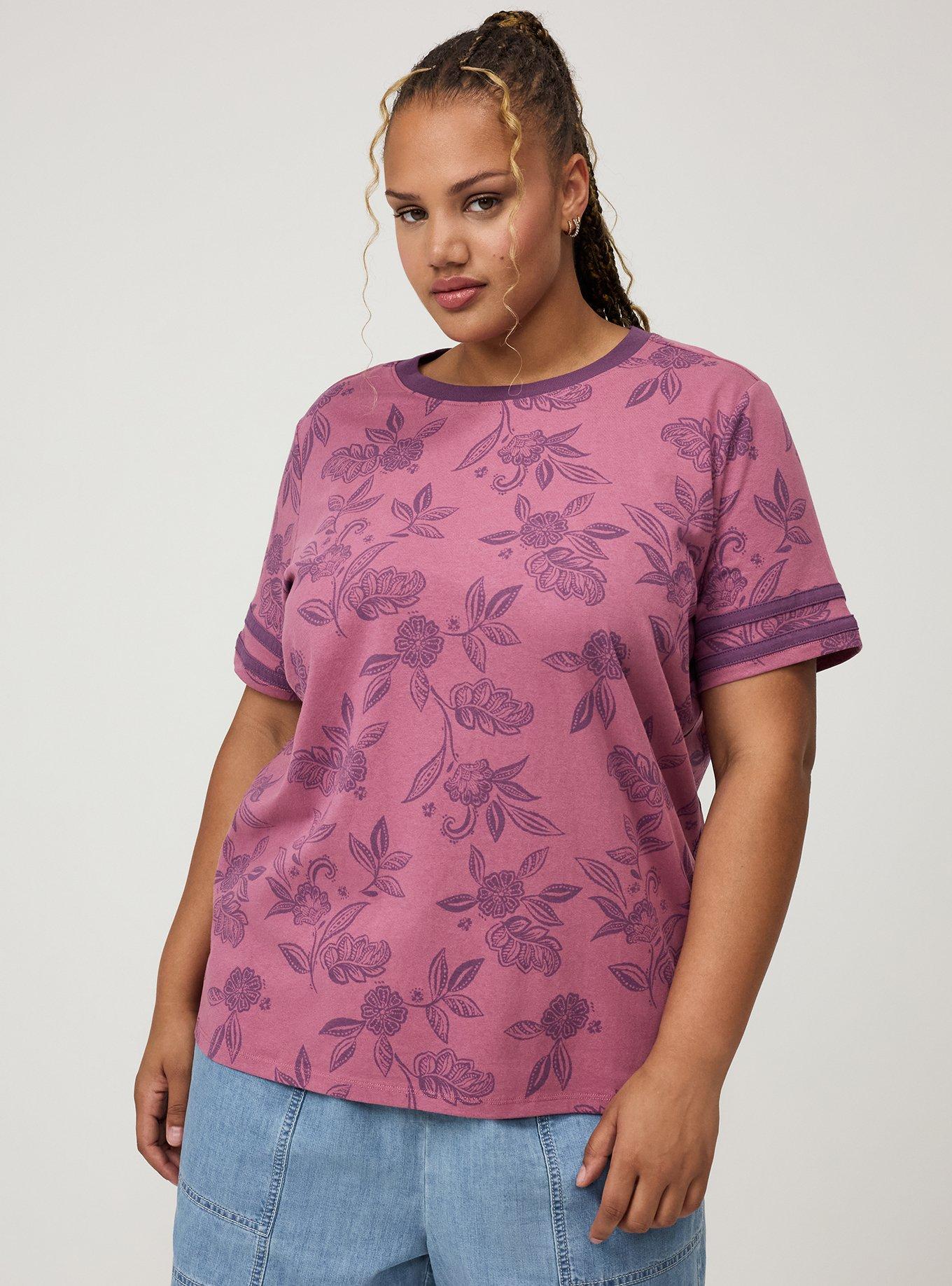 Cotton Varsity Easy Crew Tee, THRILL FLORAL MAUVE, hi-res
